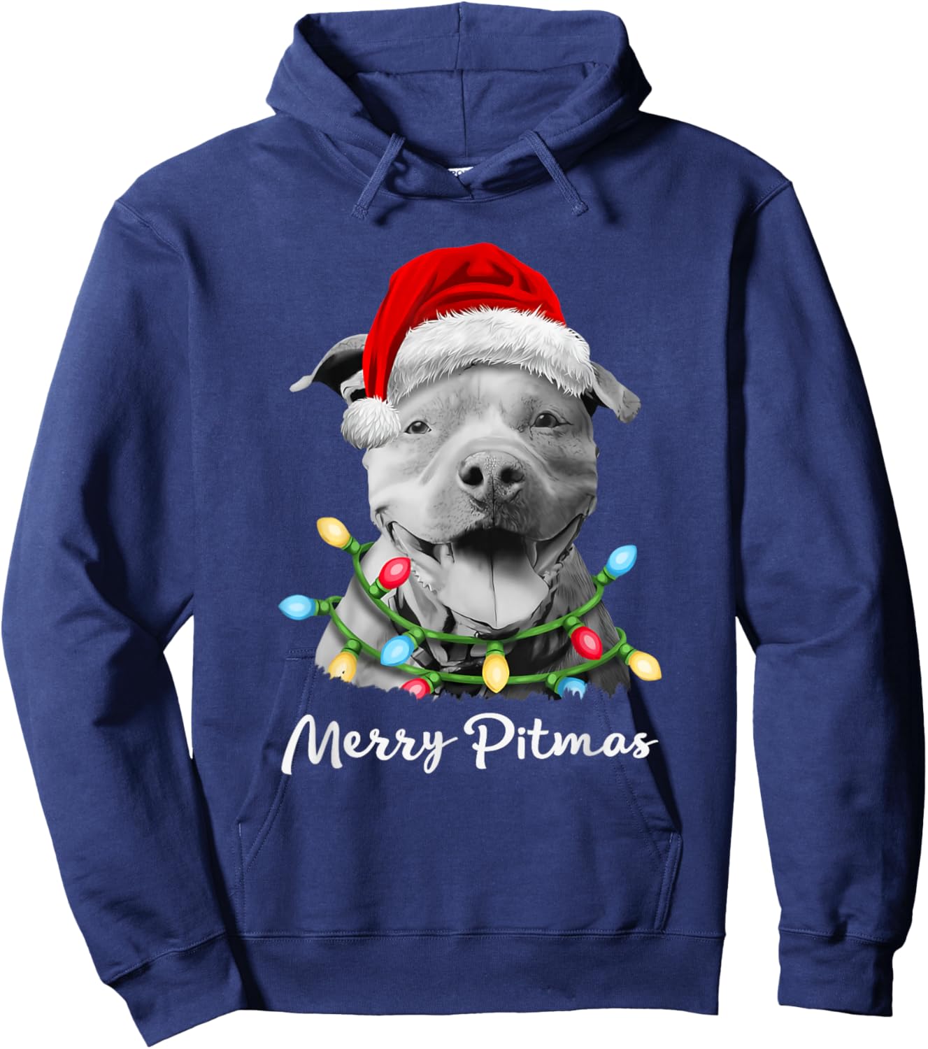 Pit Bull Santa Christmas Tree Lights Xmas Merry Pitmas Hoodie - Hoodie | Navy