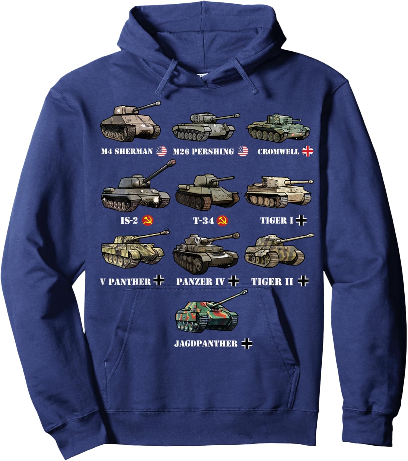 WW2 Tanks M4 Sherman Panzer IV Tiger II T-34 History Buff Hoodie - Hoodie | Navy