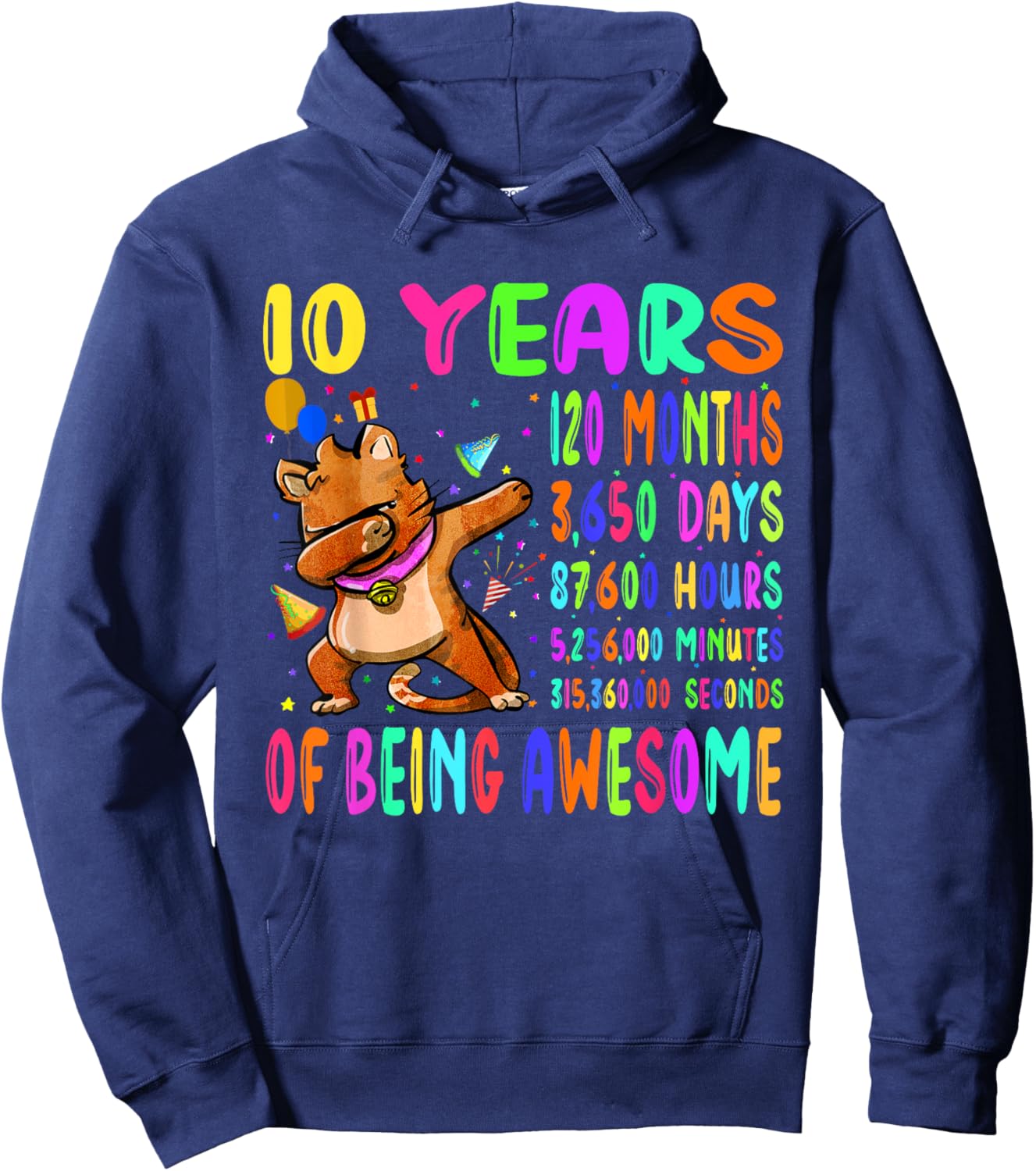 Dabbing Cat 10 Years 120 Months Boy Girl 10th Birthday Party Hoodie - Hoodie | Navy