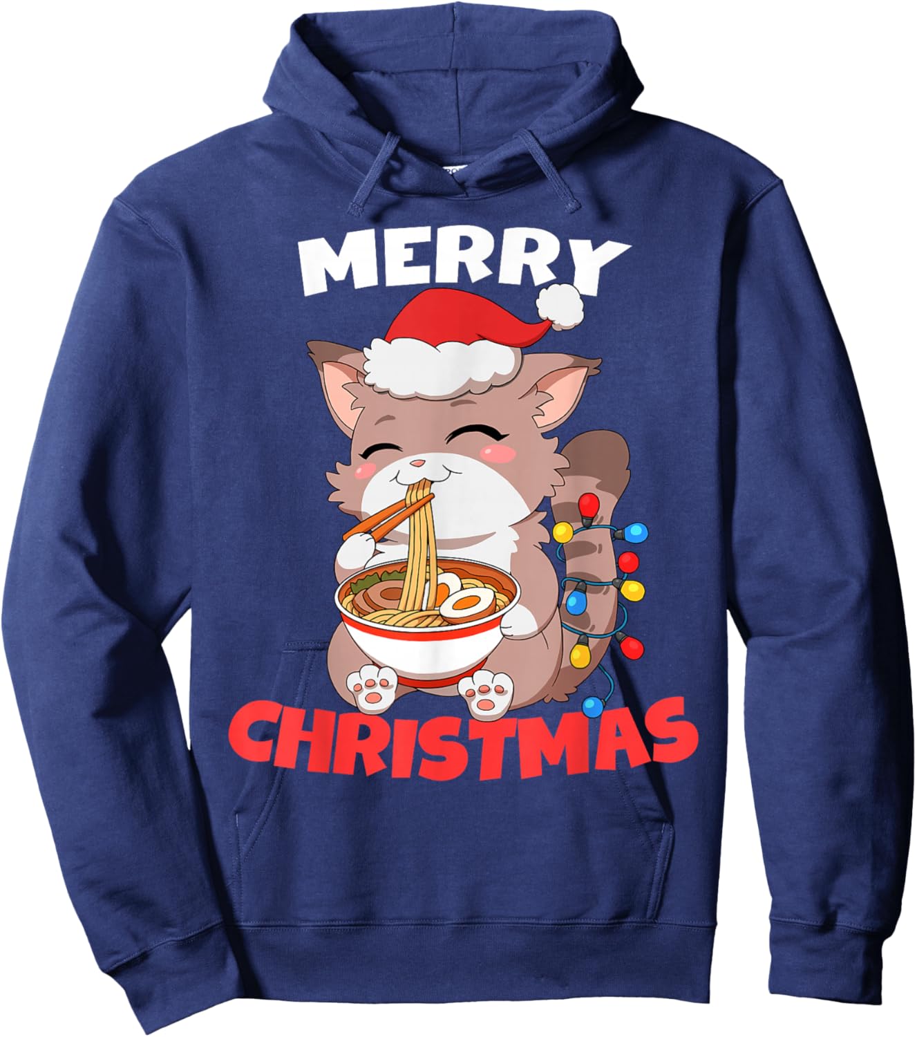 Merry Christmas Anime Kawaii Cat Ramen Xmas Lights Hoodie - Hoodie | Navy