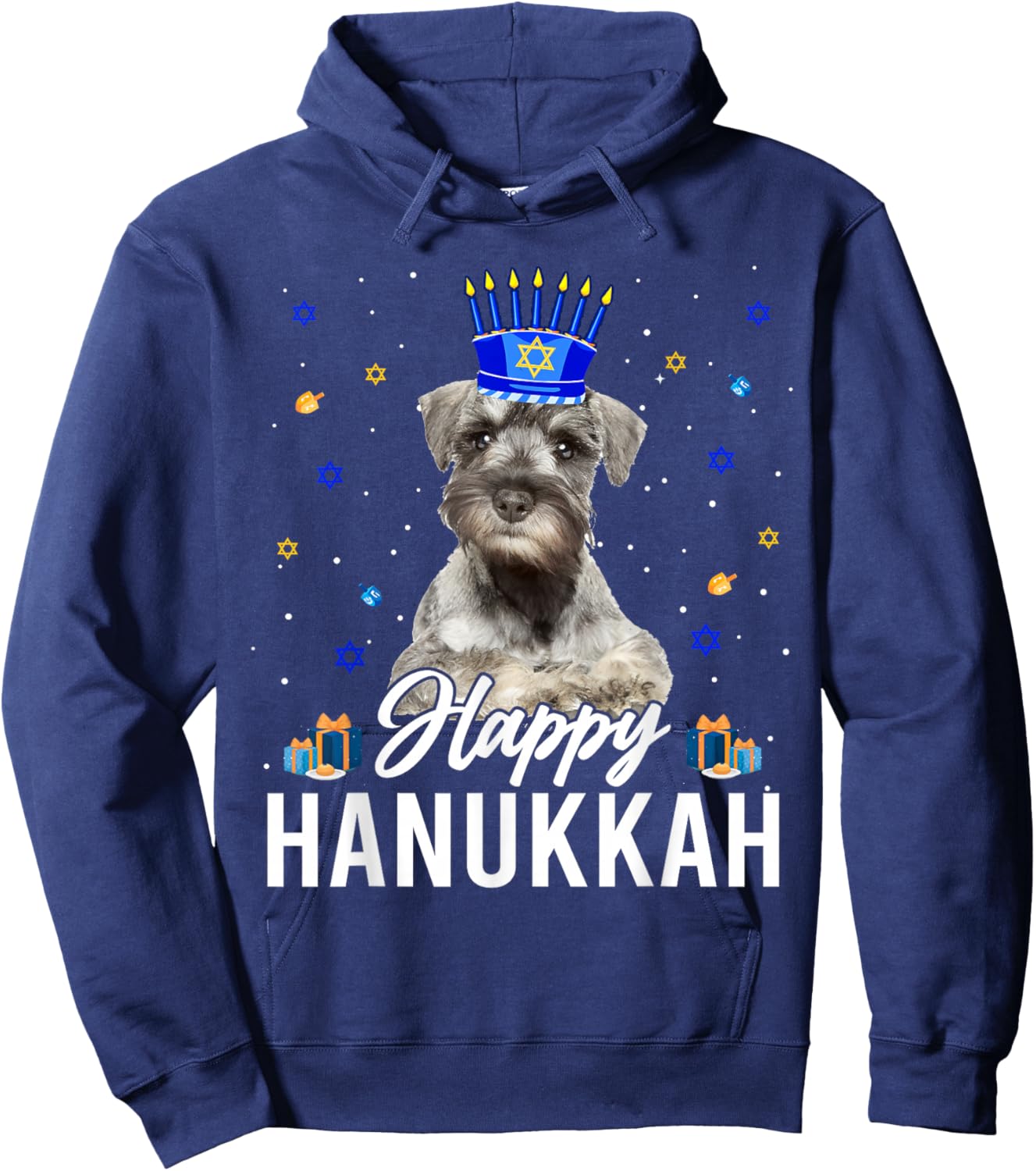Happy Hanukkah Miniature Schnauzer Menorah Hat Jewish Xmas Hoodie - Hoodie | Navy