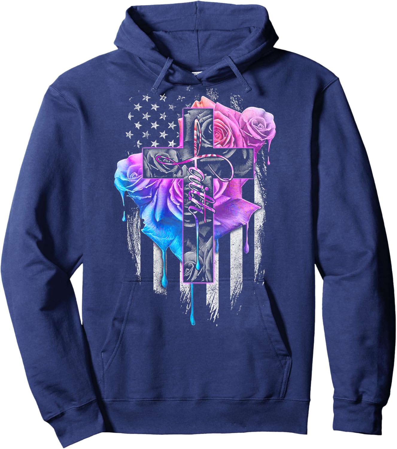 Faith Rose Watercolor Cross (on back) Hoodie - Hoodie | Navy