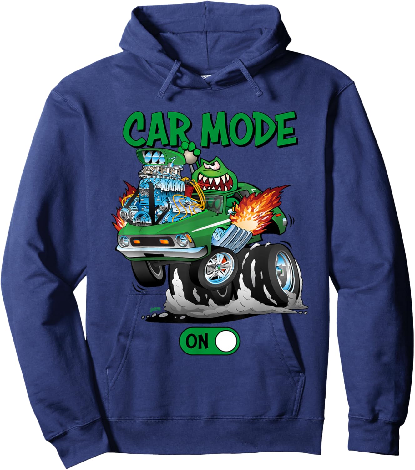 Car Mode On Funny Seventies Classic Car Dragster Cartoon Hoodie - Hoodie | Navy