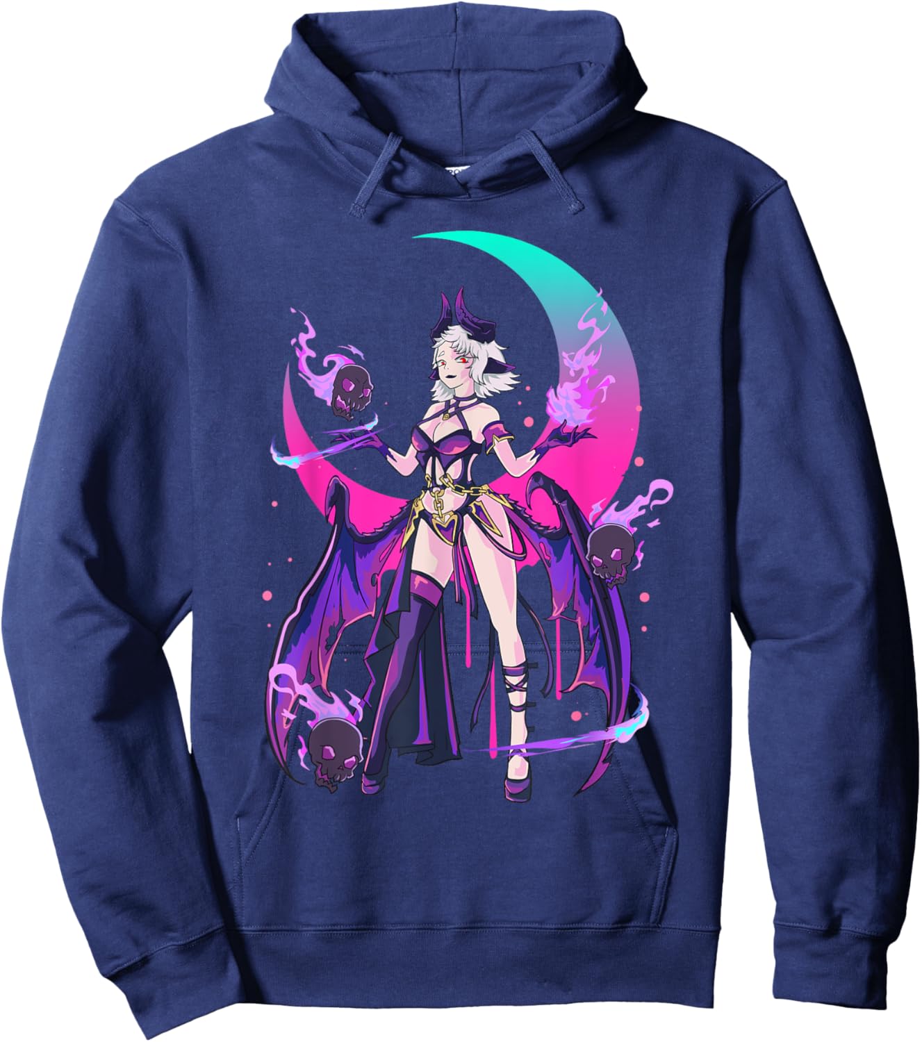 Sexy Anime Devil Witchy Skull Moon Fire Japanese Otaku Magic Hoodie - Hoodie | Navy
