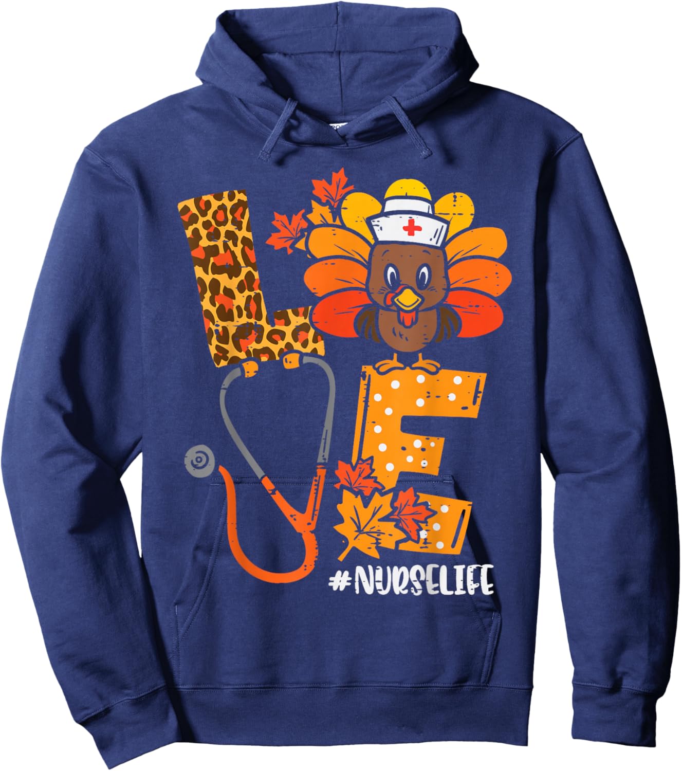 Love Turkey Thanksgiving Nurse Life Fall Scrub Top Women Hoodie - Hoodie | Navy