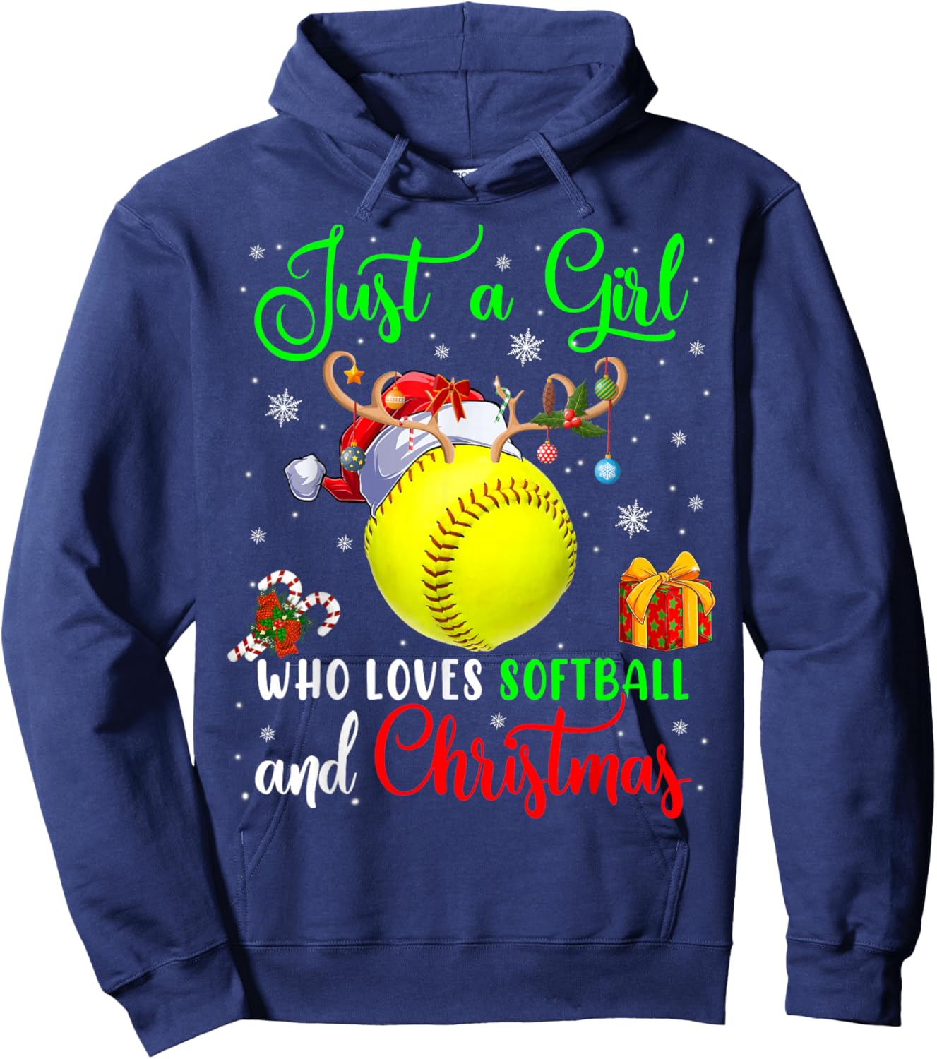 Just A Girl Who Loves Softball And Christmas Santa Reindeer Hoodie - Hoodie | Navy