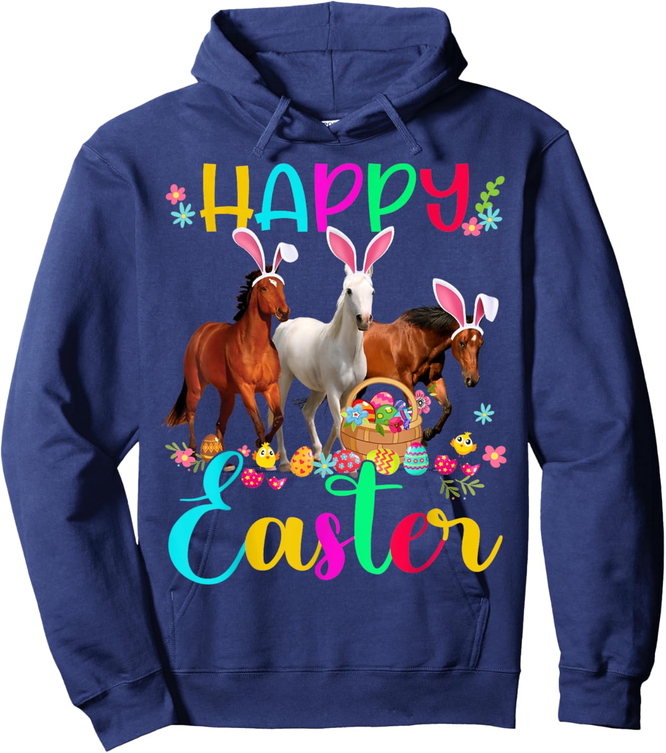 Happy Easter Horse Lover Three Horse Wearing Bunny Ear Hoodie - Hoodie | Navy