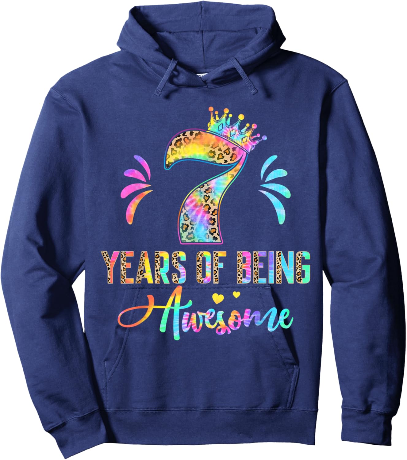Kids Seven Year Old Rainbow 7th Birthday Leopard For Girls 7 Hoodie - Hoodie | Navy