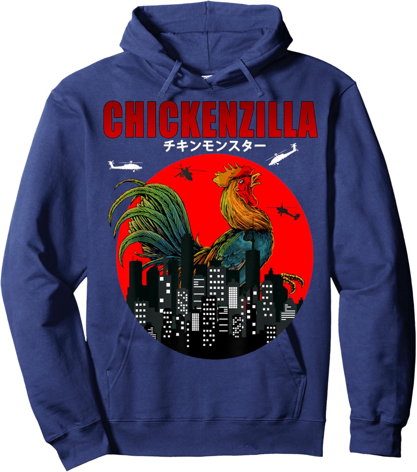 Chickenzilla the Funny Chicken a Japanese Sunset Men Women Hoodie - Hoodie | Navy