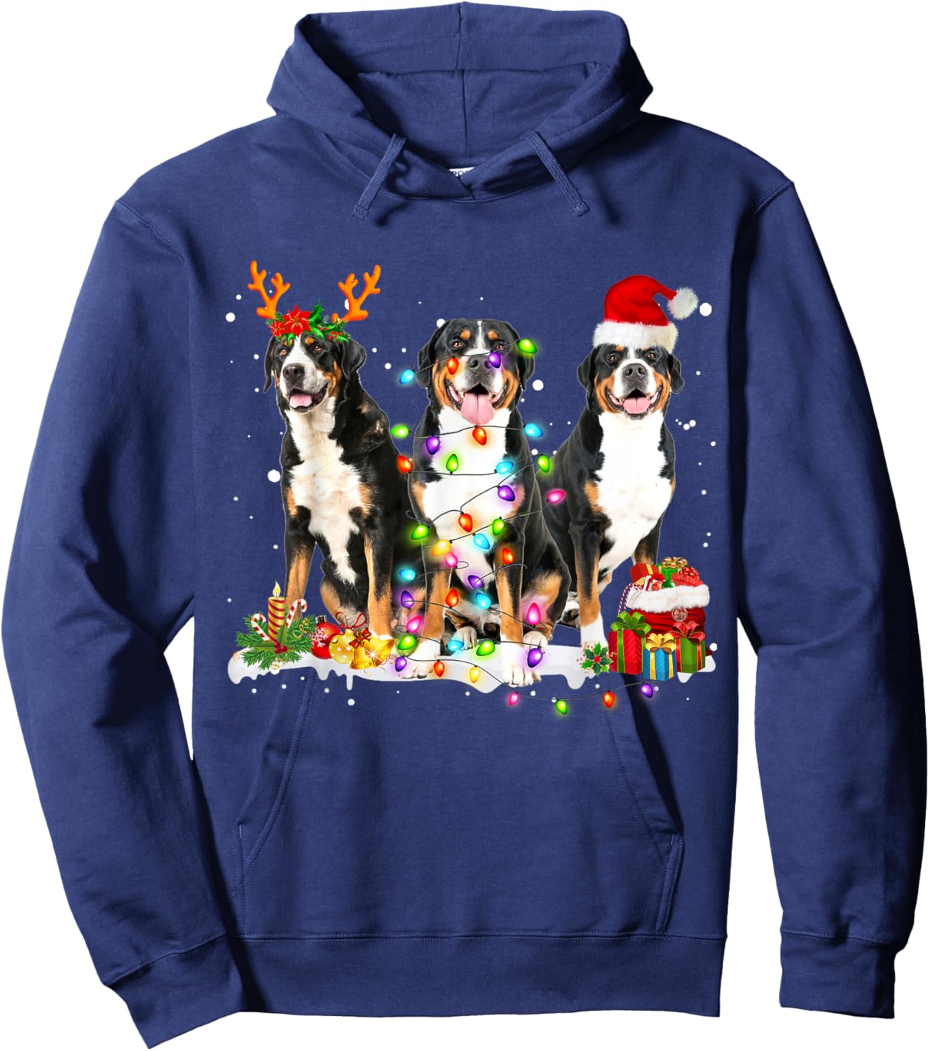Santa Greater Swiss Mountain Dog Reindeer Christmas Pajama Men Women Kids Hoodie - Hoodie | Navy