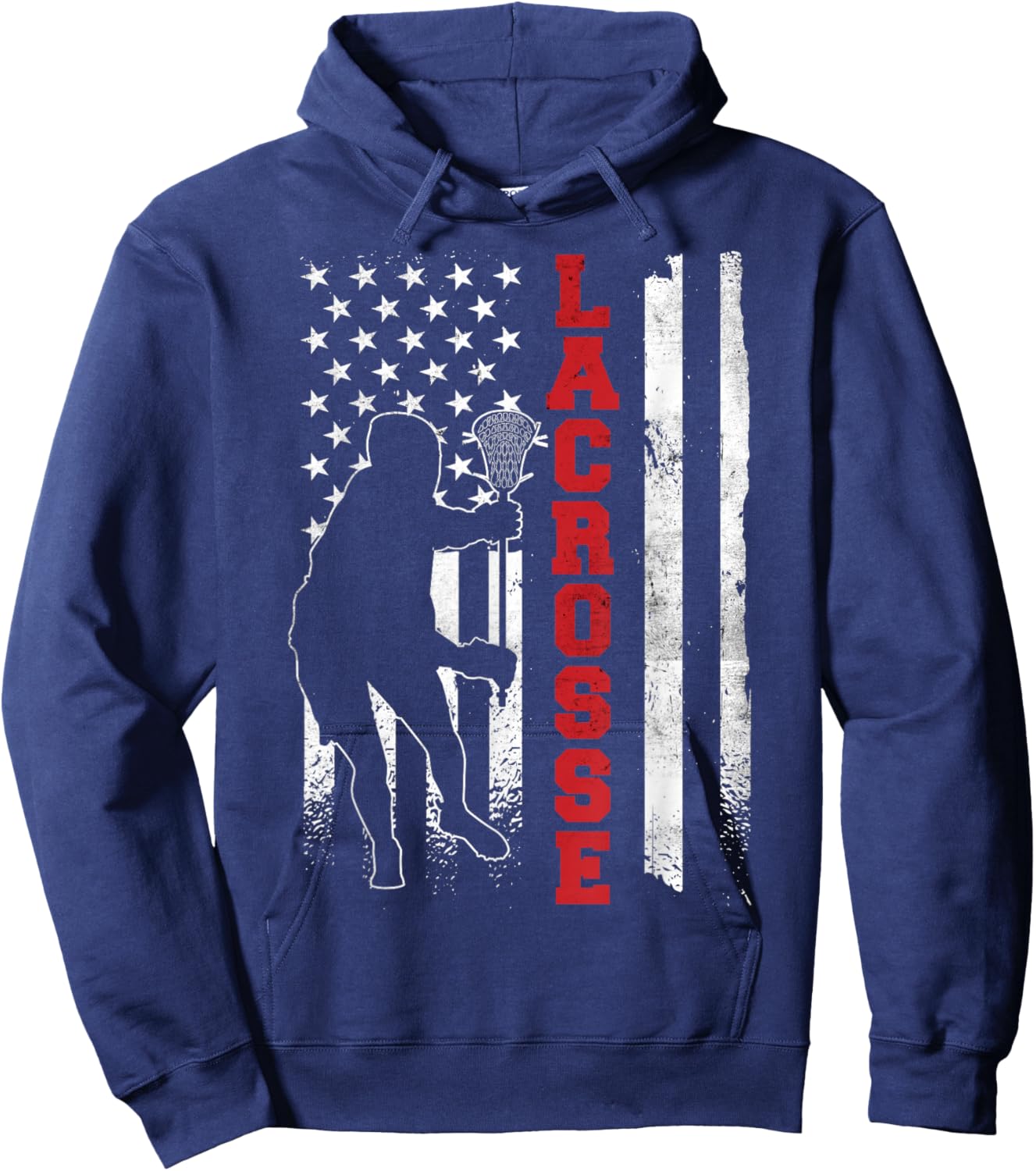 Vintage Gift Lacrosse American Flag LAX - -Adults, Kids - Black - Small - Short Sleeve - Cotton, Polyester Hoodie - Hoodie | Navy