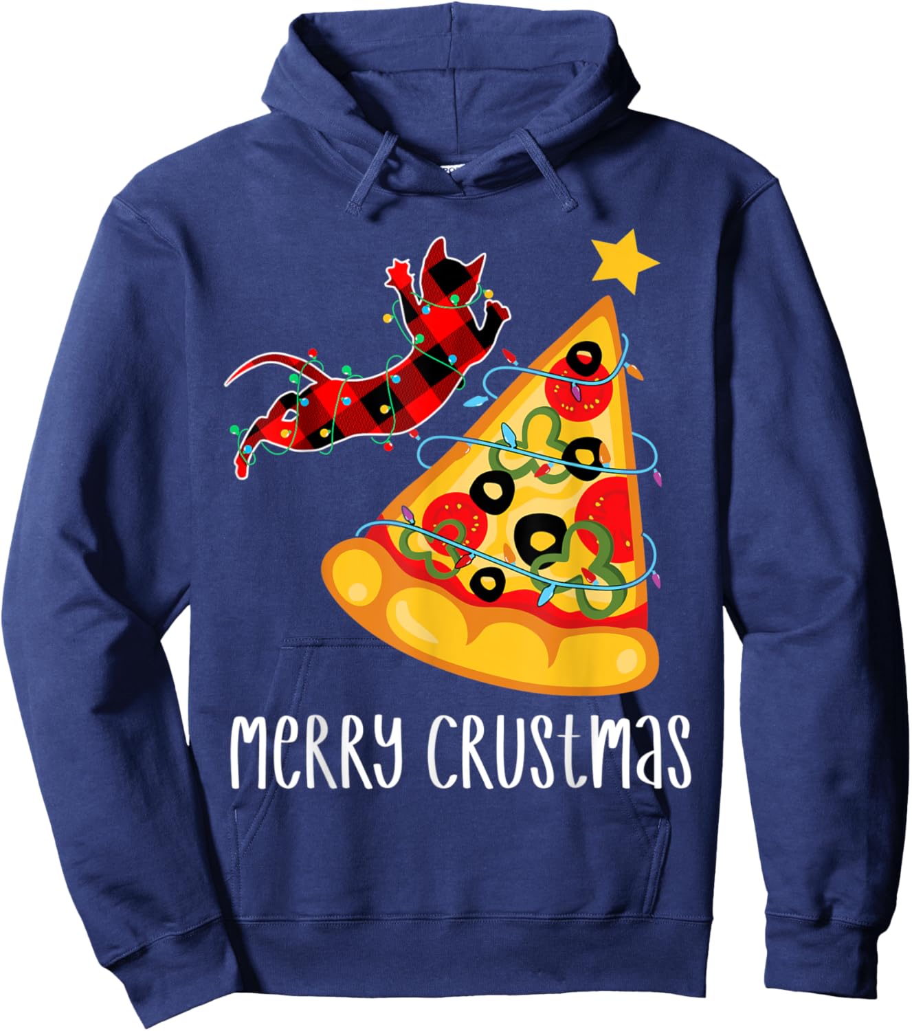 Merry Crustmas Pizza ,Holiday Cat Pizza Christmas Tree Hoodie - Hoodie | Navy