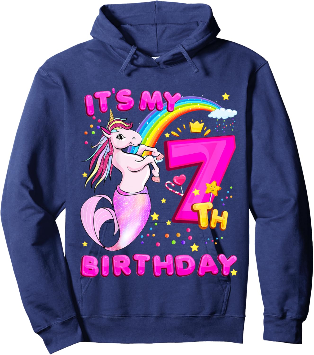 7th Birthday Unicorn Mermaid Girls 7 Years Old Mermicorn Hoodie - Hoodie | Navy