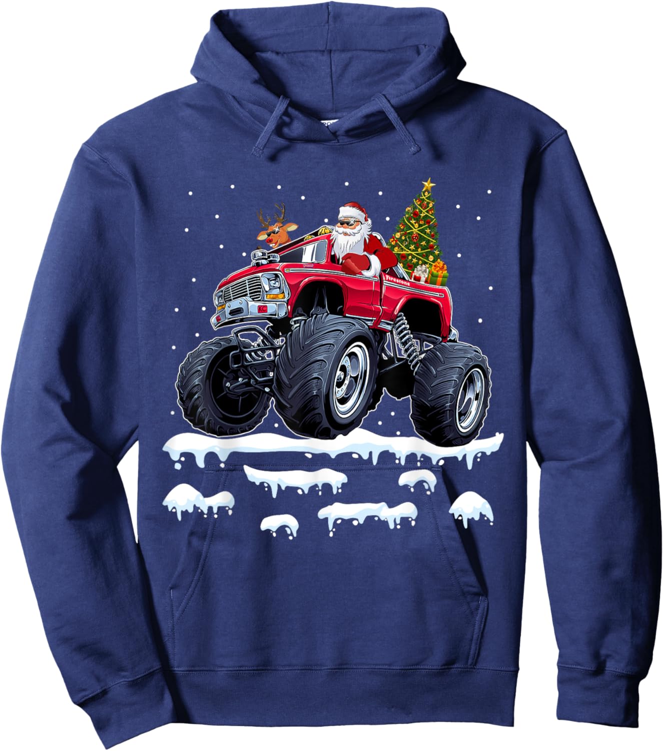 Reindeer Santa Riding Monster Truck Christmas Tree Men Boy Hoodie - Hoodie | Navy