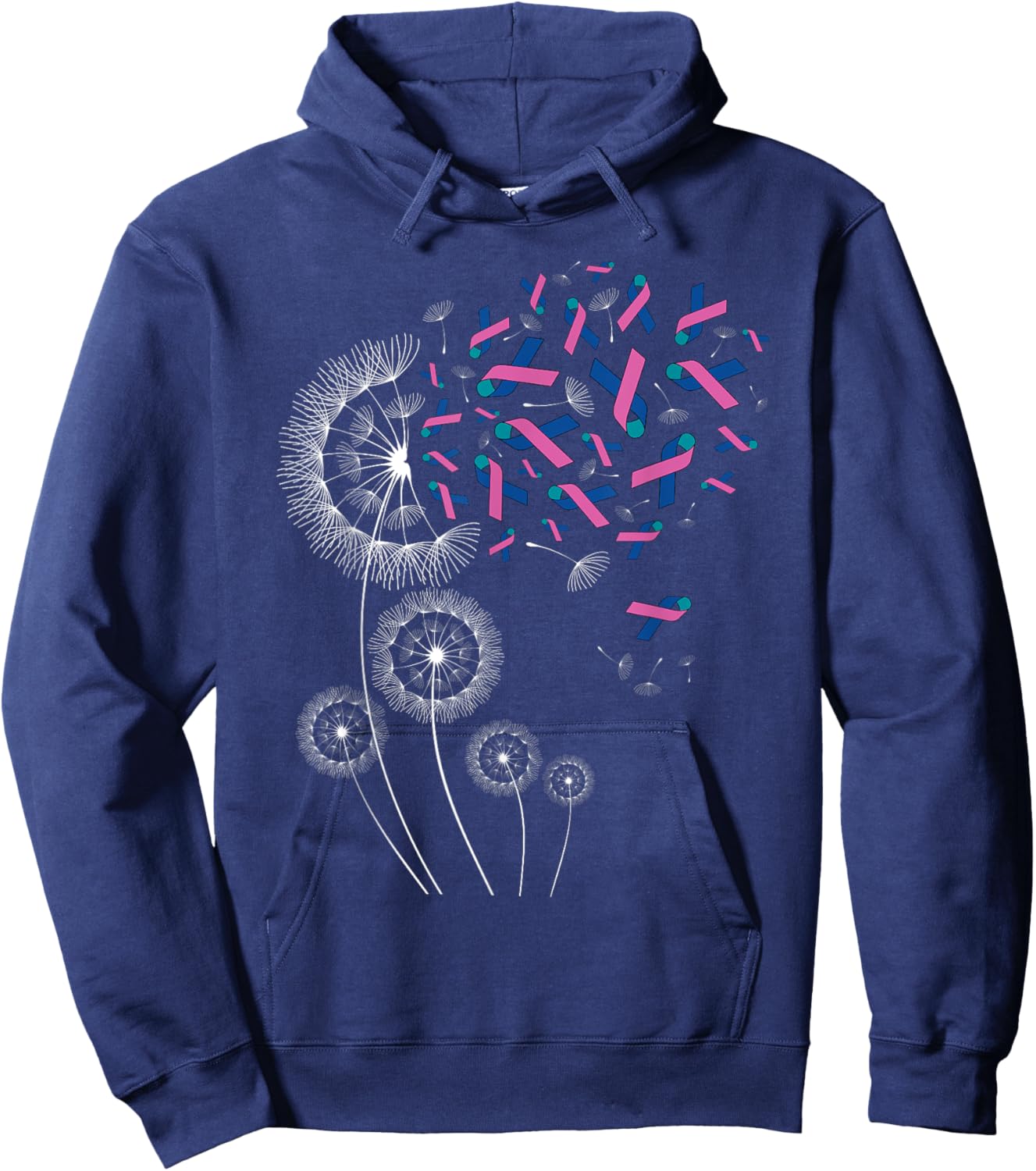 Teal Pink Blue Ribbon & Dandelion Thyroid Cancer Awareness Hoodie - Hoodie | Navy