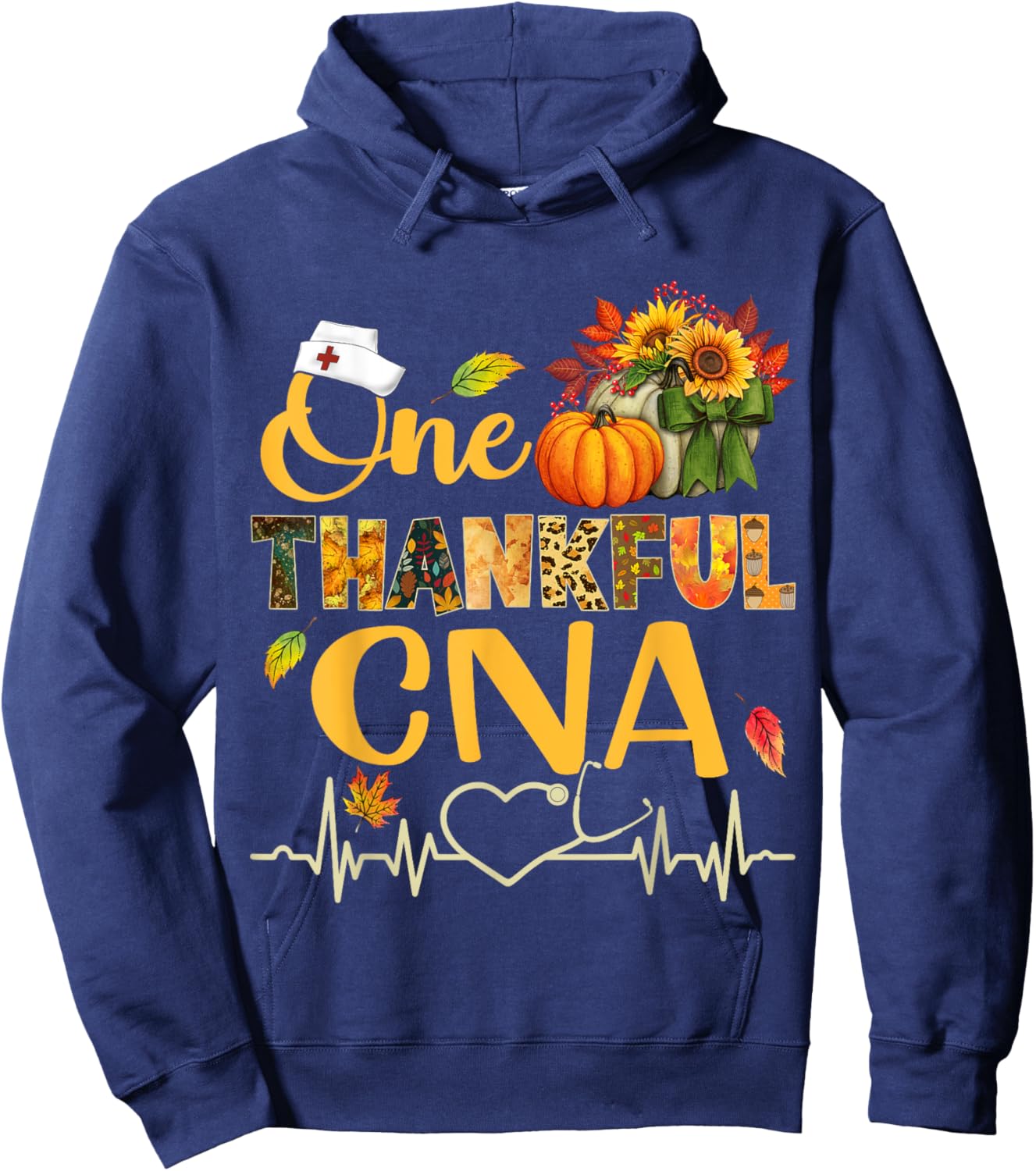 Sunflower Autumn Fall Outfit Nurse Thankful Lovers One Thankful CNA Nurse Pumpkin Stethoscope Thanksgiving Fall Hoodie - Hoodie | Navy
