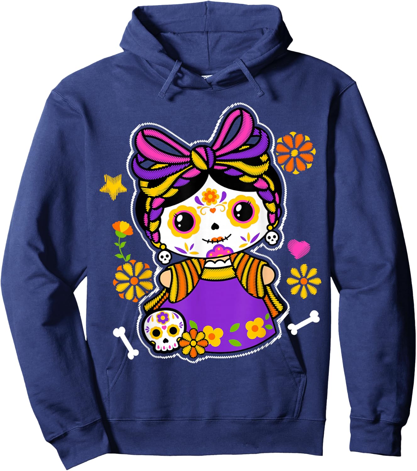 Catrina Floral Sugar Skull Mexican Roses Flowers Skeleton Hoodie - Hoodie | Navy
