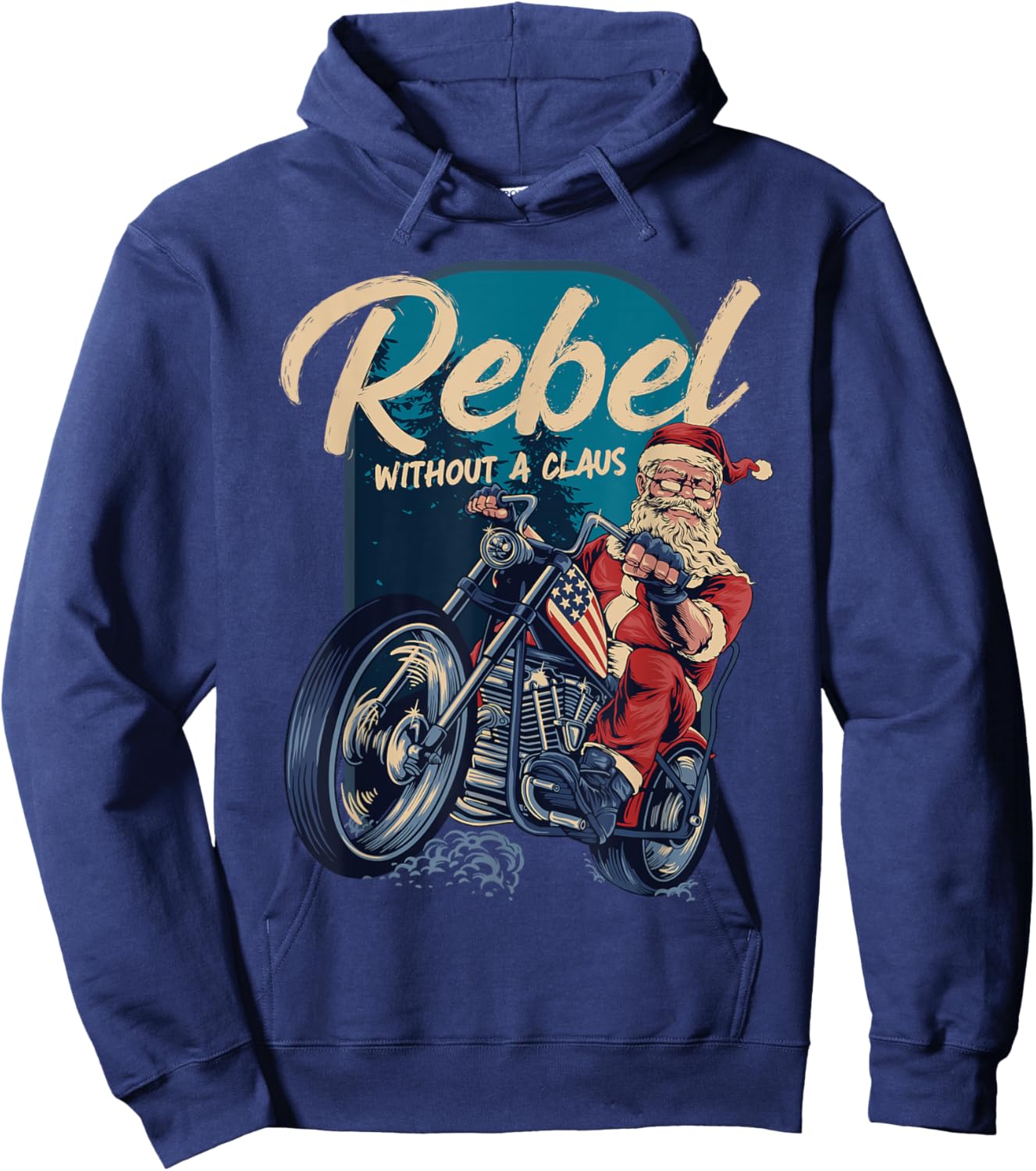 Rebel Without A Claus Santa Biker Christmas Funny Pun Hoodie - Hoodie | Navy