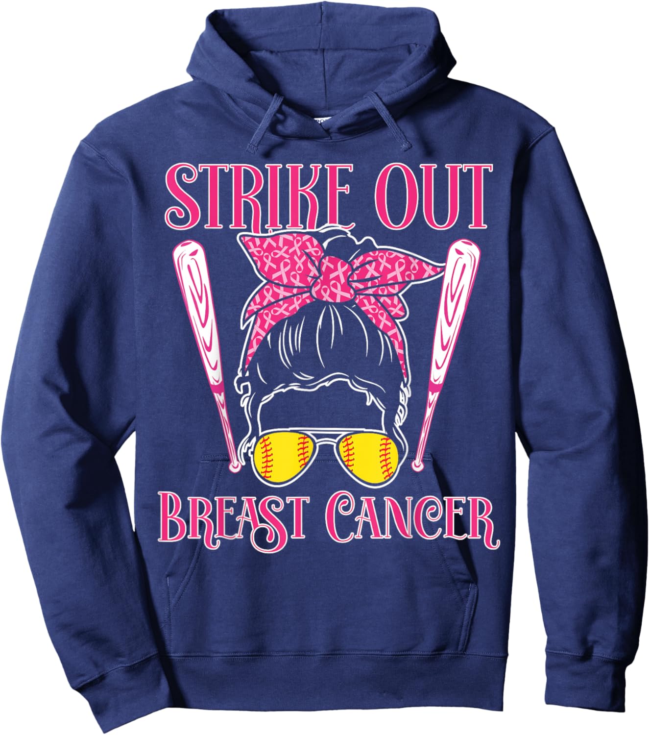 Breast Cancer Awareness - Softball Strike Out Pink Ribbon Hoodie - Hoodie | Navy