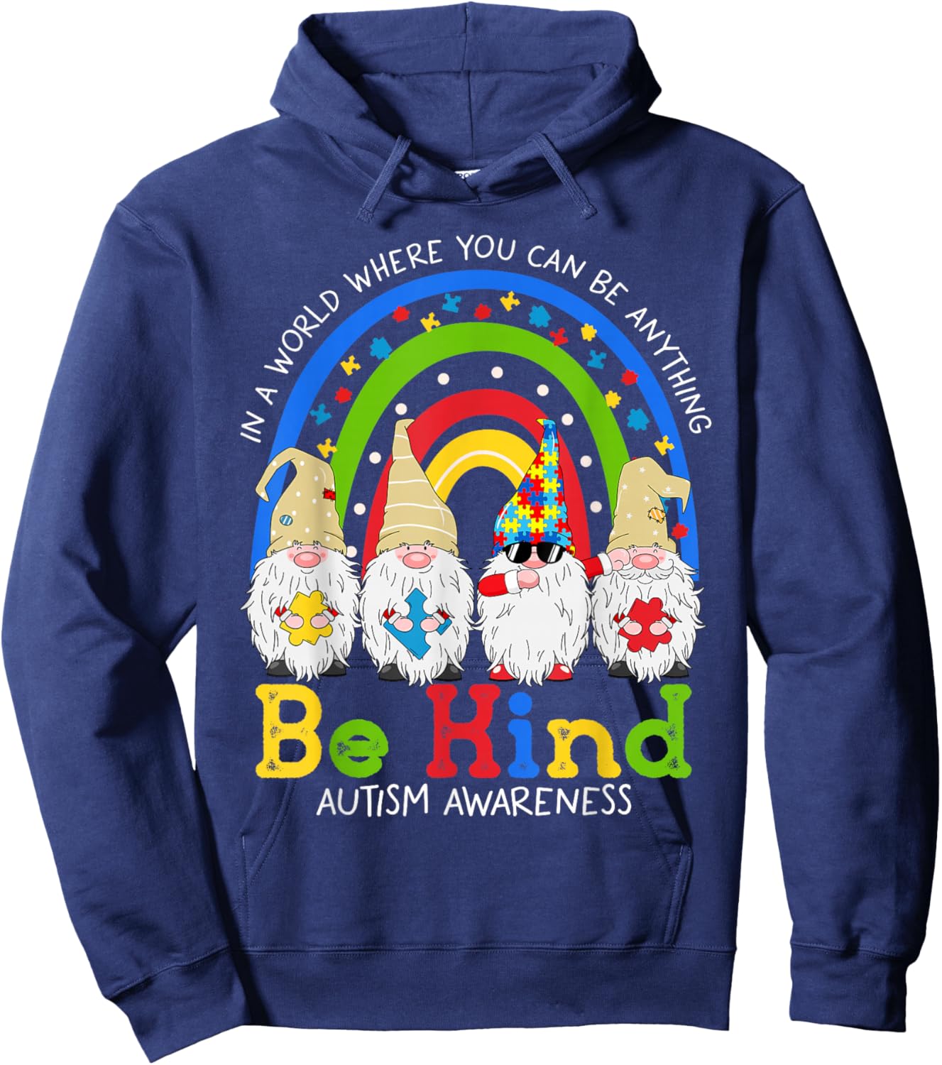 Rainbow Gnomes Be Kind Autism Awareness Month Puzzle Hoodie - Hoodie | Navy