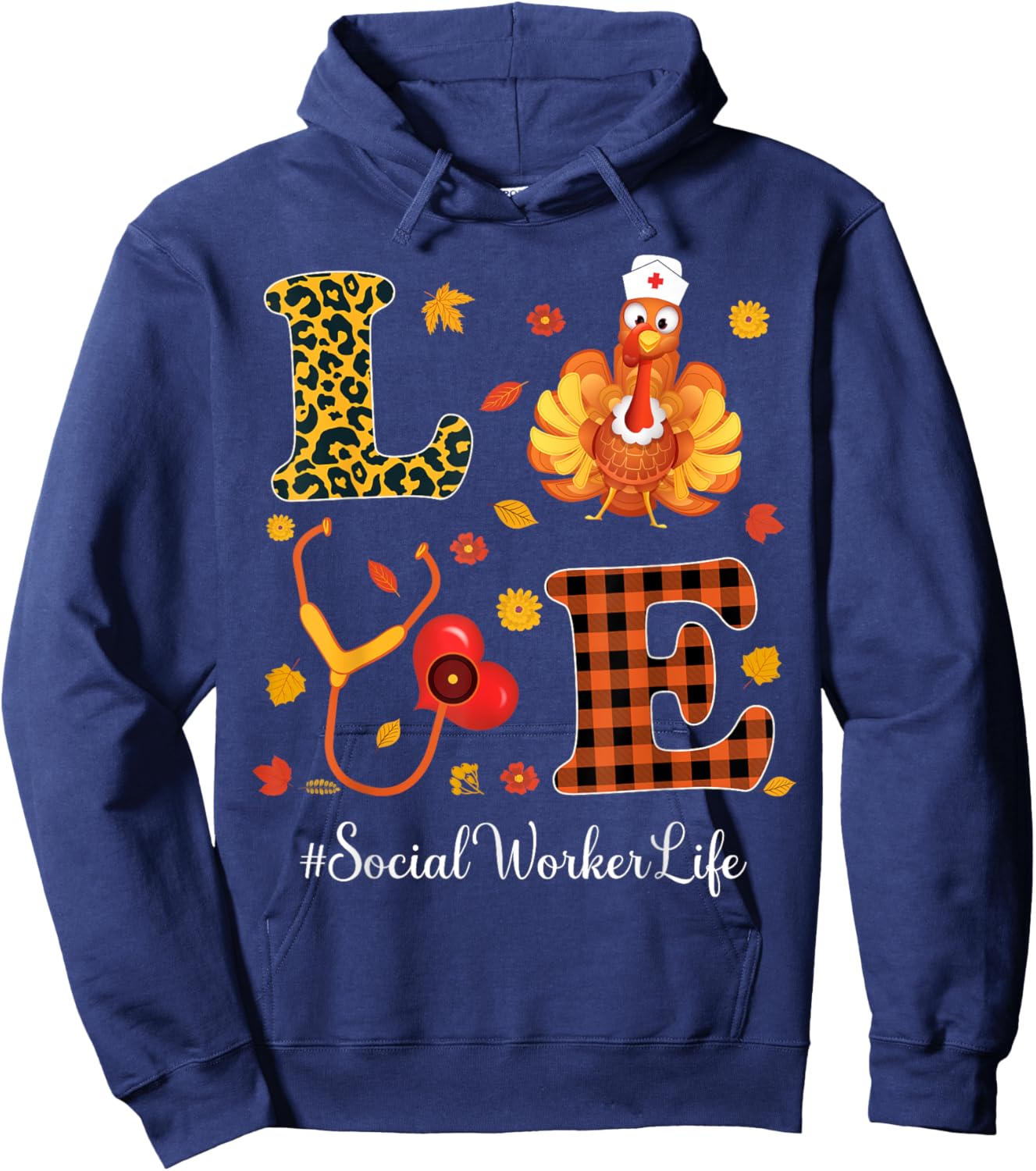 Love Social Worker Life Thanksgiving Autumn Fall Season Hoodie - Hoodie | Navy