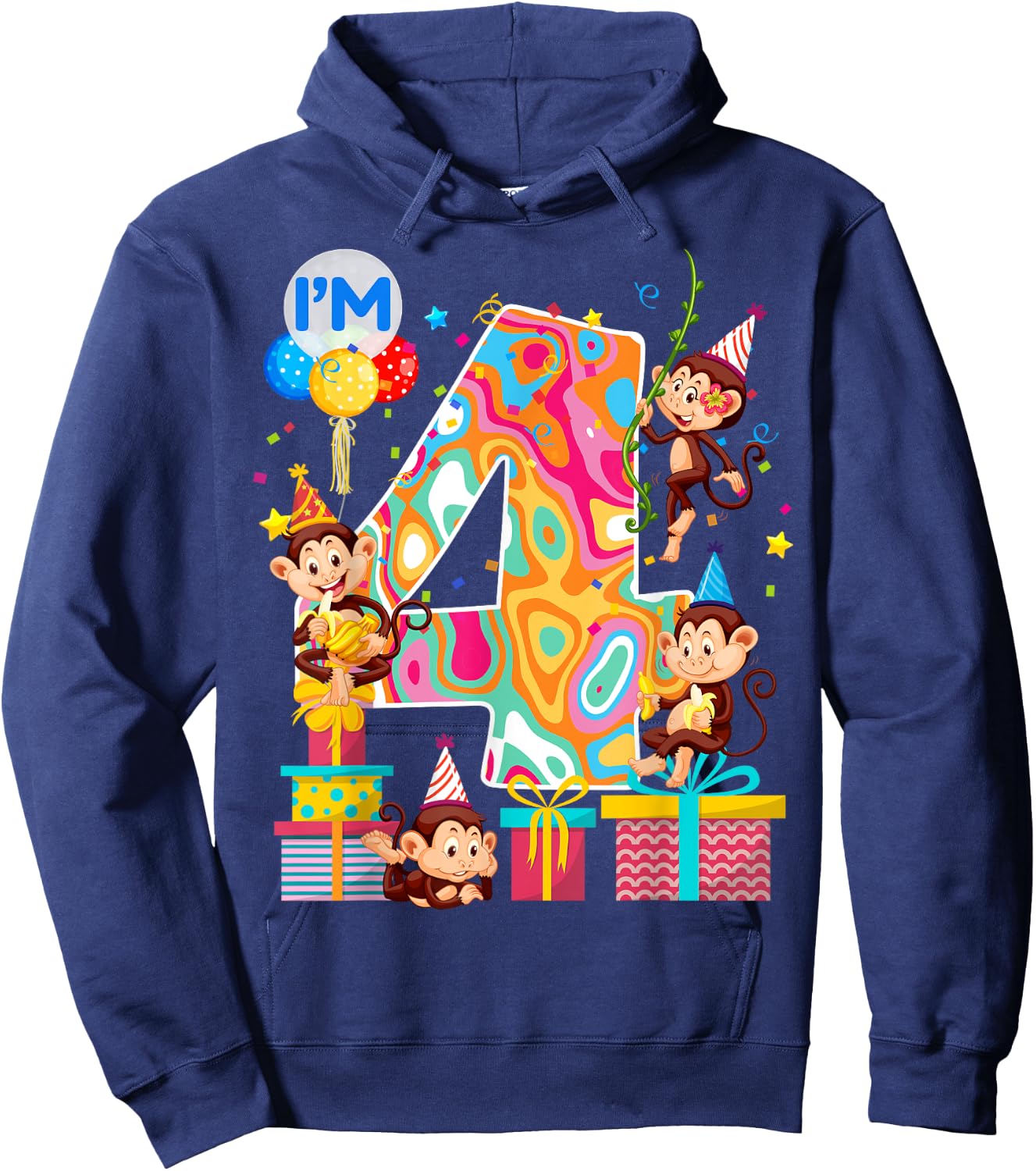 4th B-Day Monkey Birthday Zoo Animal 4 Year Old Funny Hoodie - Hoodie | Navy