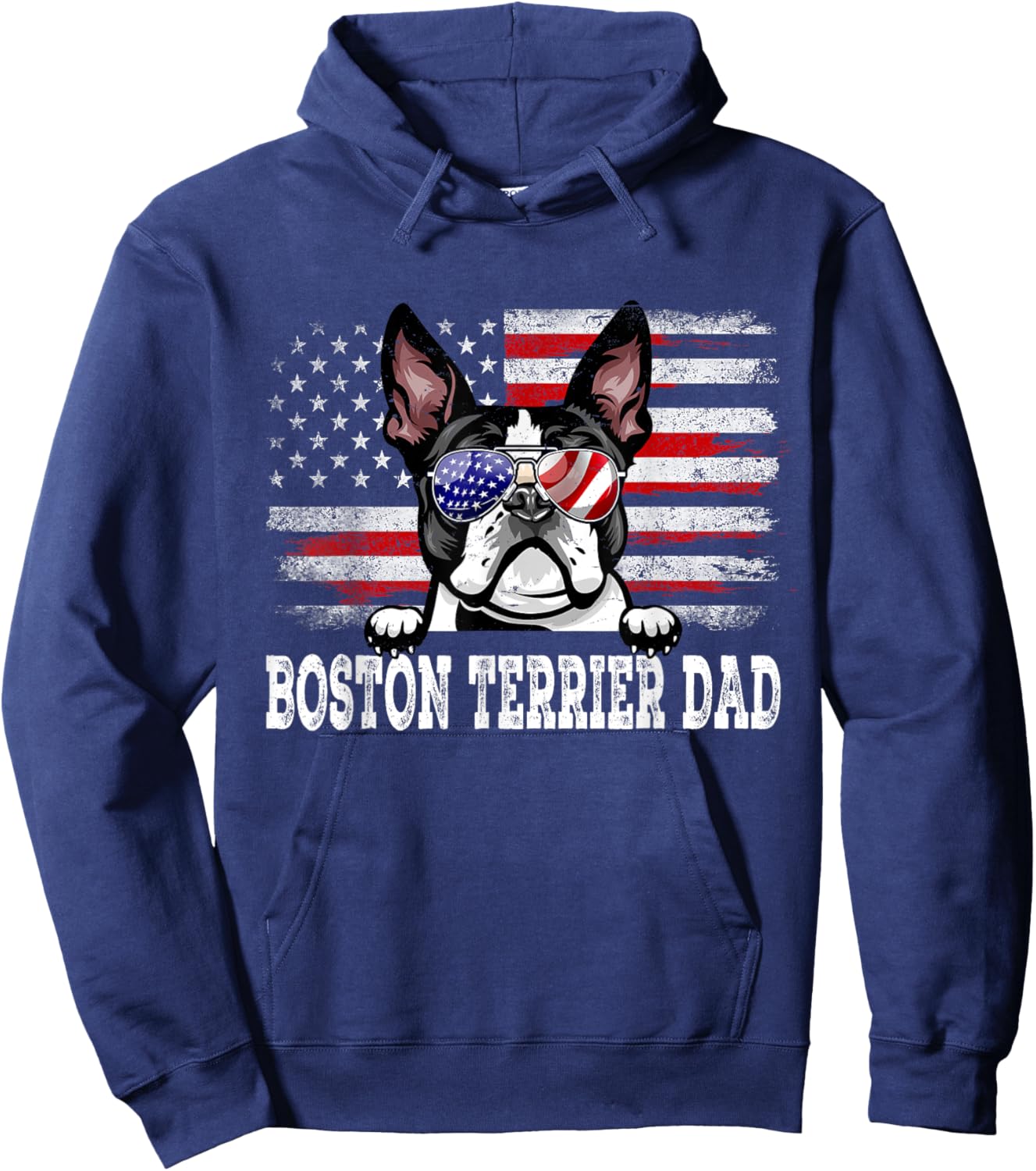 Vintage Boston Terrier Dad American Flag Father's Day Hoodie - Hoodie | Navy