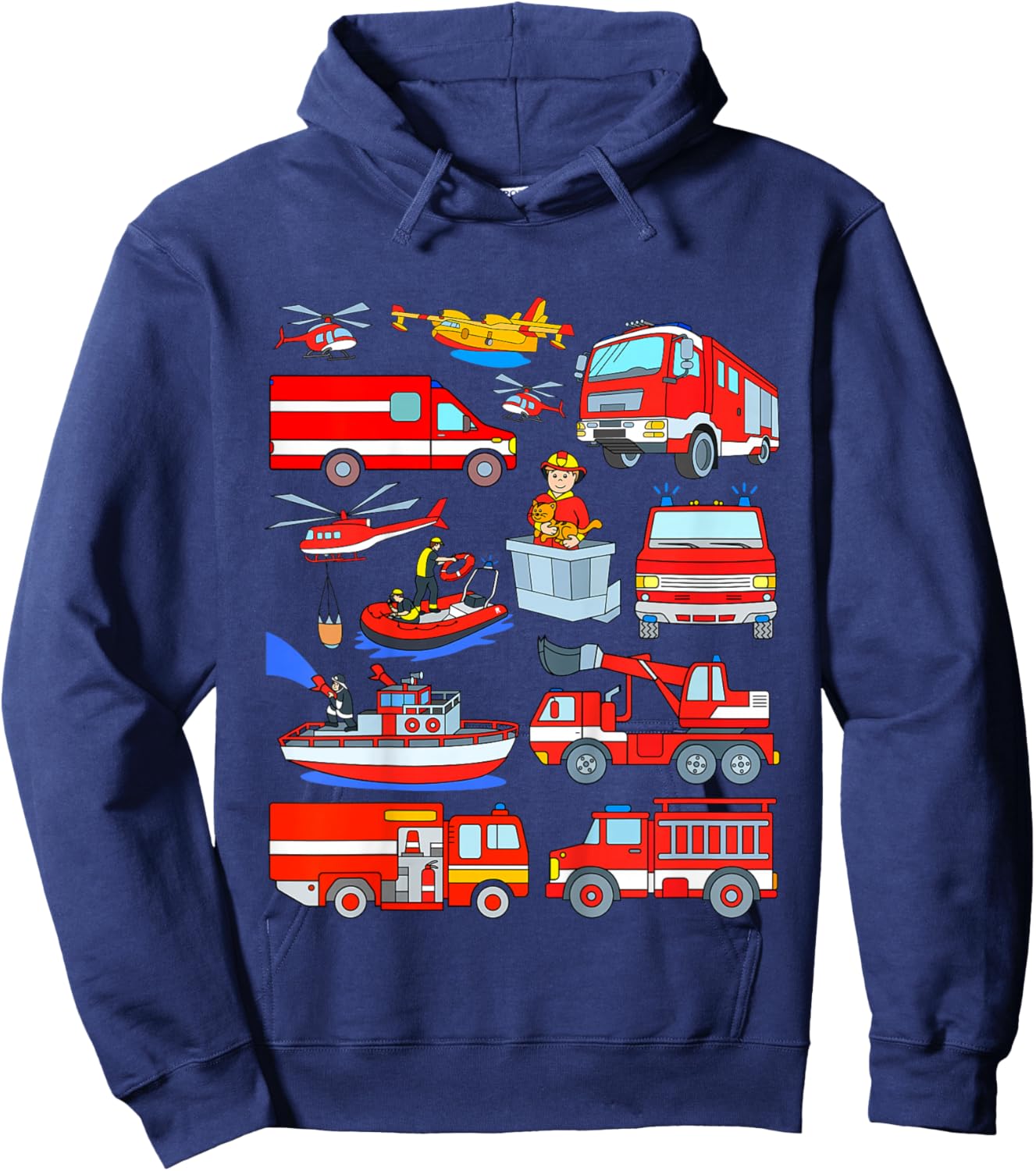 Kids Fire Truck Fireman Cat Rescue Boat Plane Firefighters Boy Hoodie - Hoodie | Navy