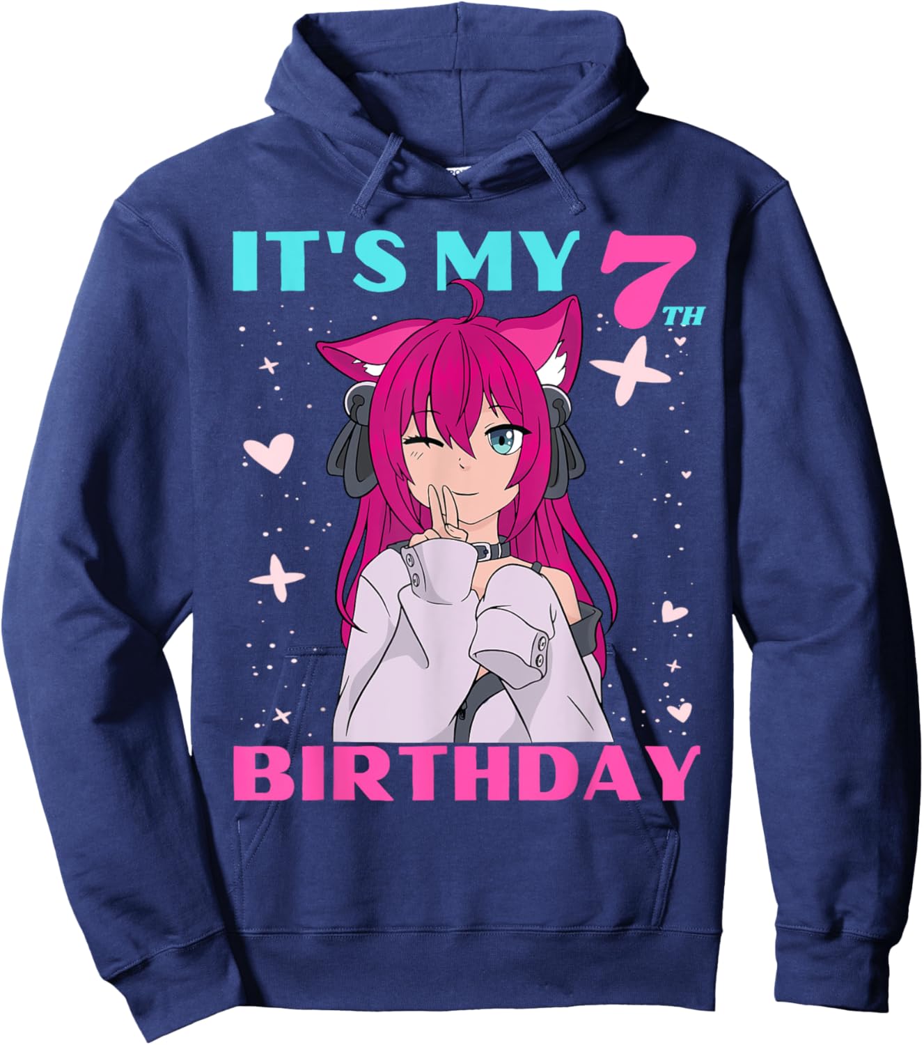 Anime Girl It's My 7th Birthday 7 Years Birthday Girl Kawaii Hoodie - Hoodie | Navy