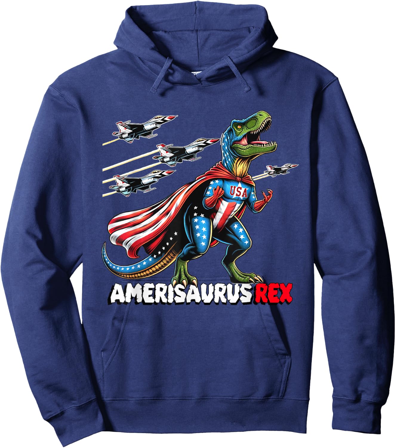 Amerisaurus T-Rex Patriotic Boys Girl 4th of July Flag Jets Hoodie - Hoodie | Navy
