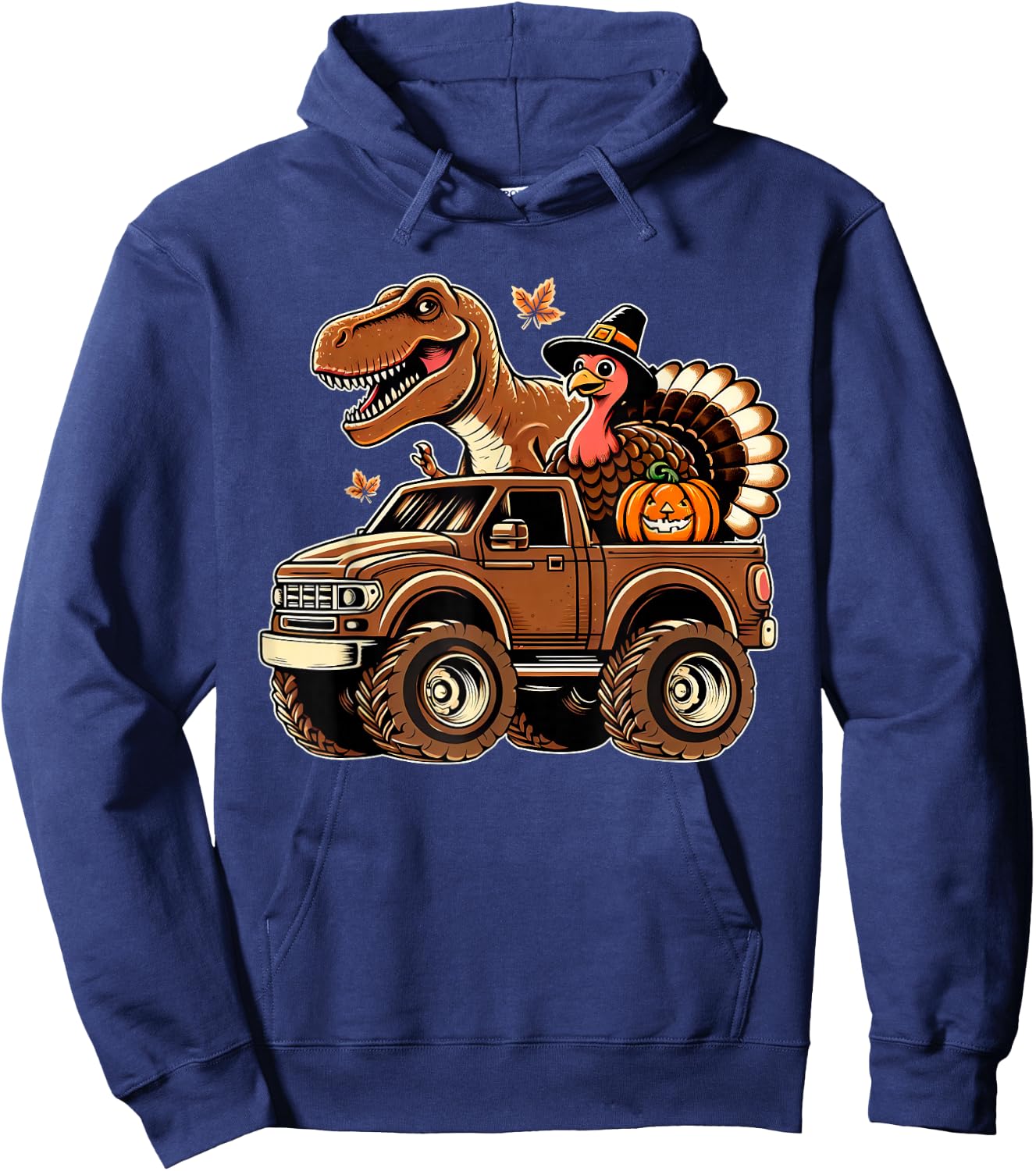Happy Thanksgiving Dinosaur Turkey Riding Truck Kids Boys Hoodie - Hoodie | Navy
