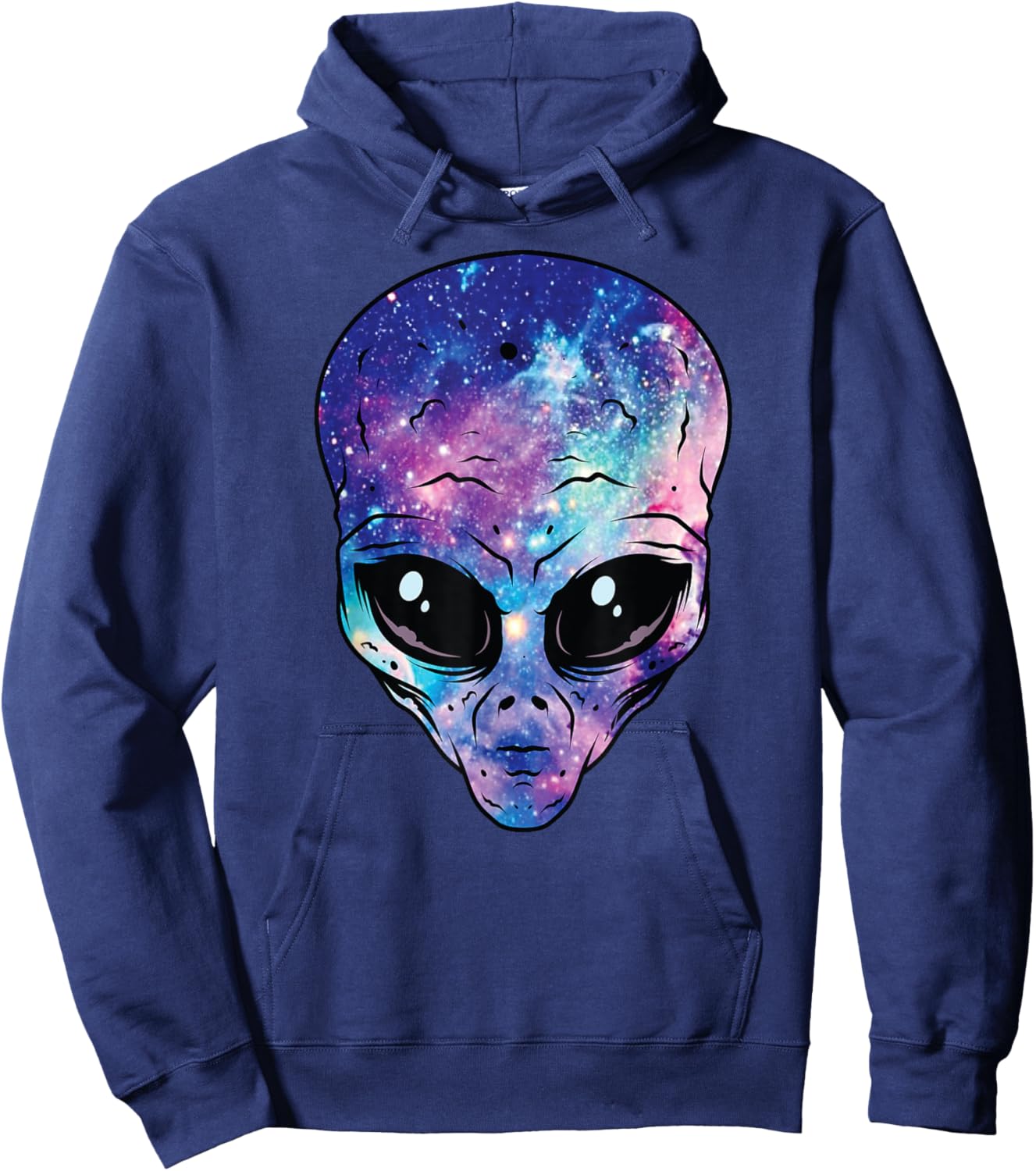 Alien Head Face Starry Night Sky UFO Hunter Space Graphic Hoodie - Hoodie | Navy