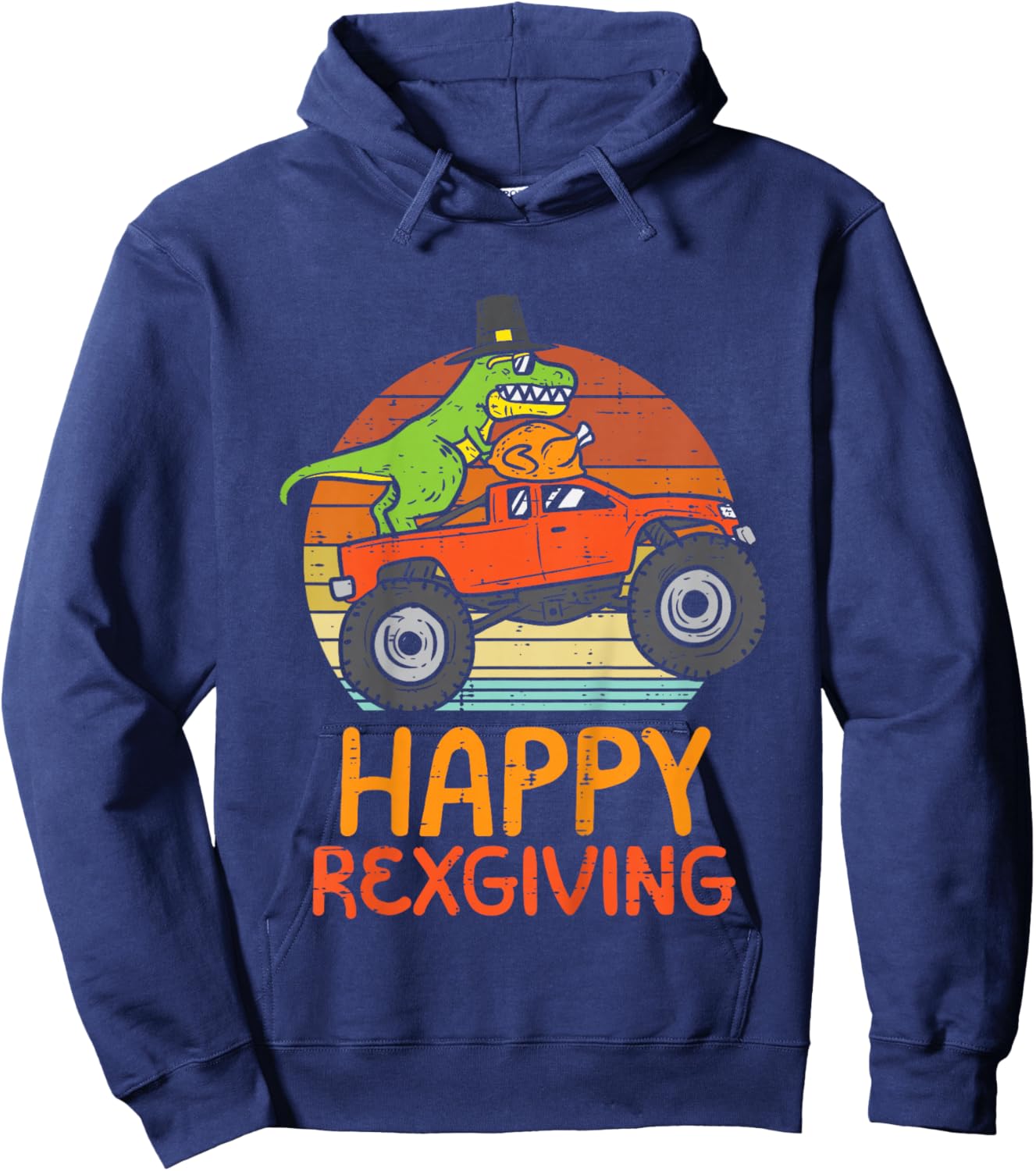 Kids Trex Monster Truck Happy Rexgiving Thanksgiving Boys Kids Hoodie - Hoodie | Navy