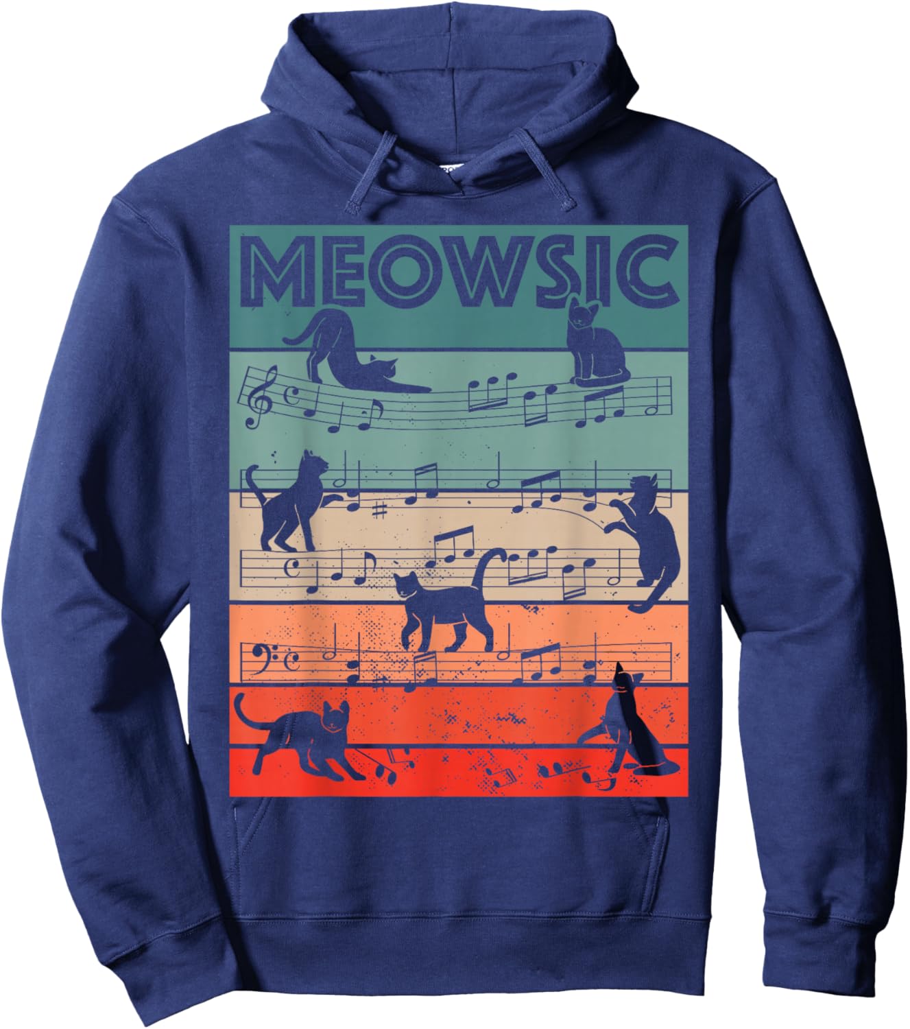 Meowsic Retro Cat Music Notes Musician Pet Lover Design Hoodie - Hoodie | Navy