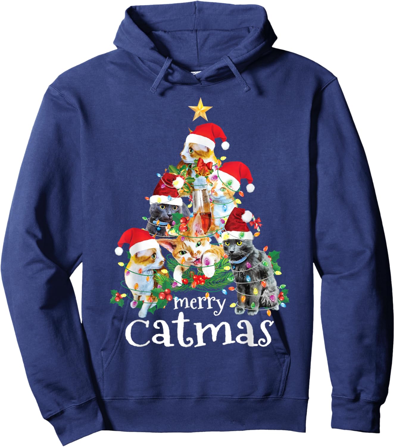 Merry Catmas Cat Mom Cat Dad Funny Christmas Tree Cat Hoodie - Hoodie | Navy