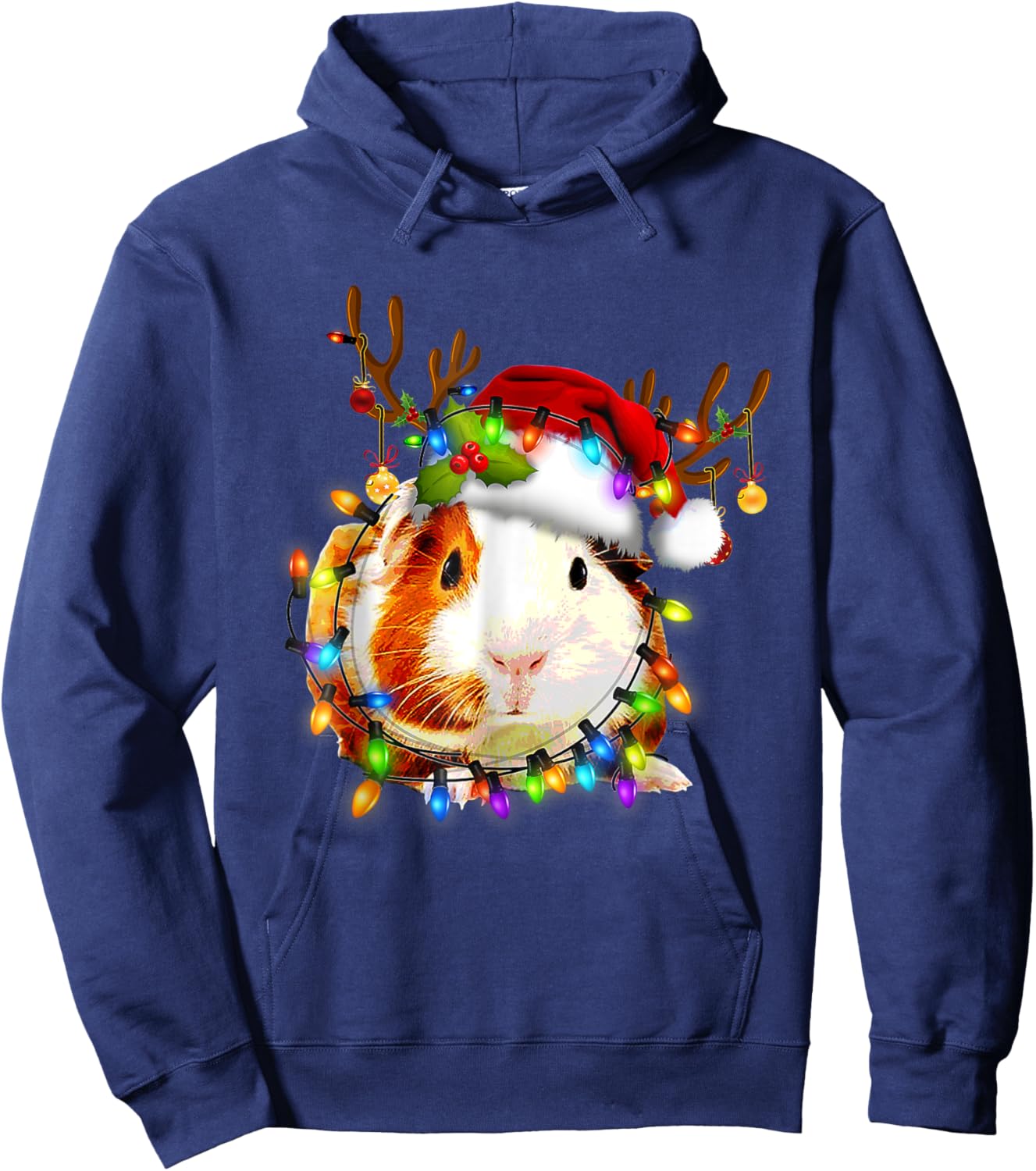 Funny Guinea Pig Christmas Reindeer Christmas Lights Pajama Hoodie - Hoodie | Navy