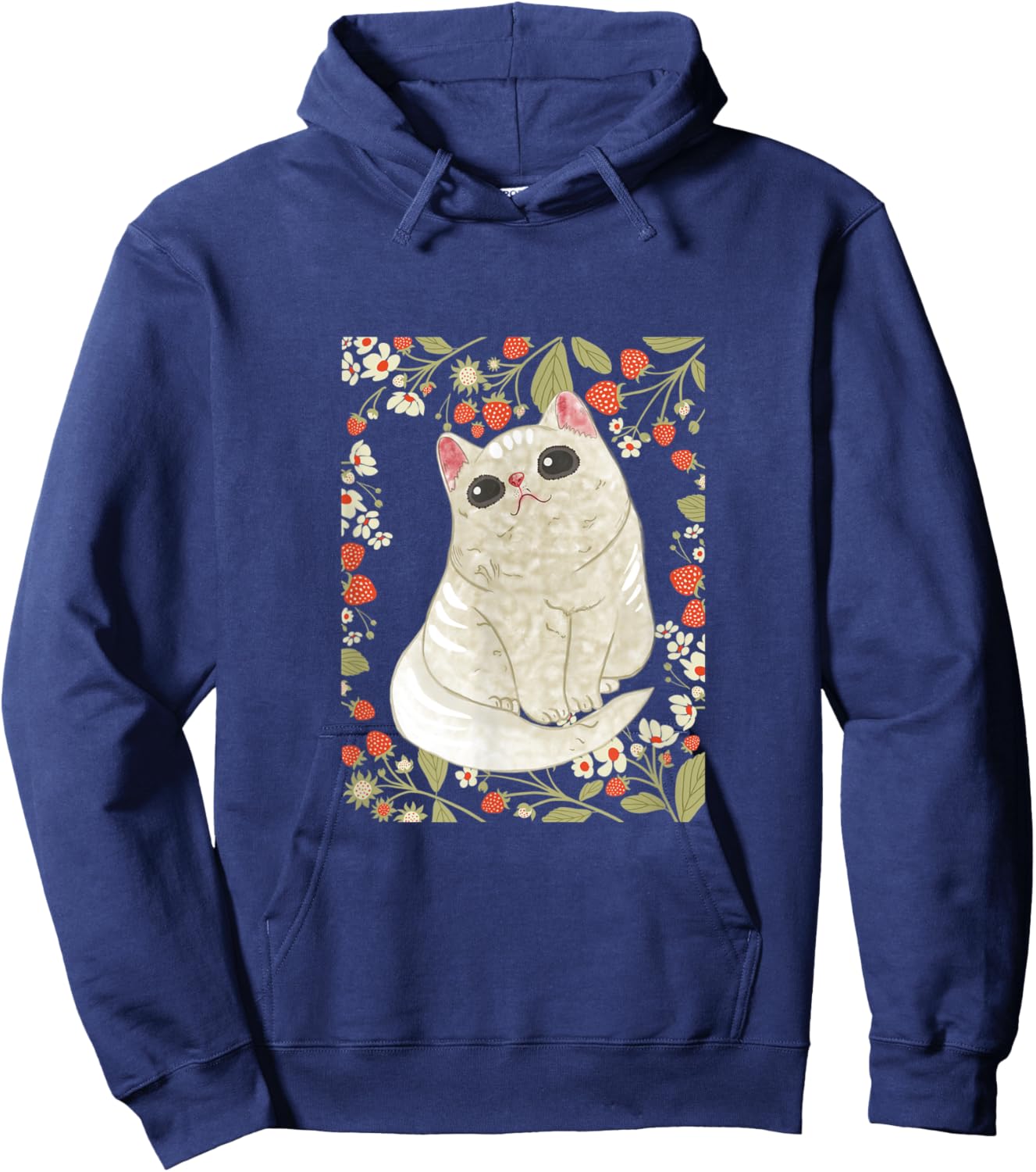 Cute Cat with Strawberry and Flower Hoodie - Hoodie | Navy
