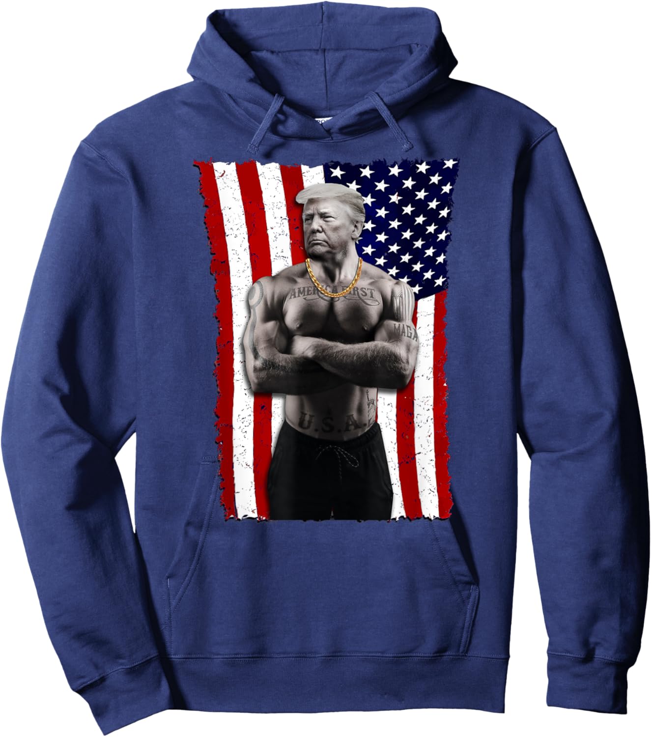 Gangster Pro Donald Trump Tattoo Republican American Flag v4 Hoodie - Hoodie | Navy