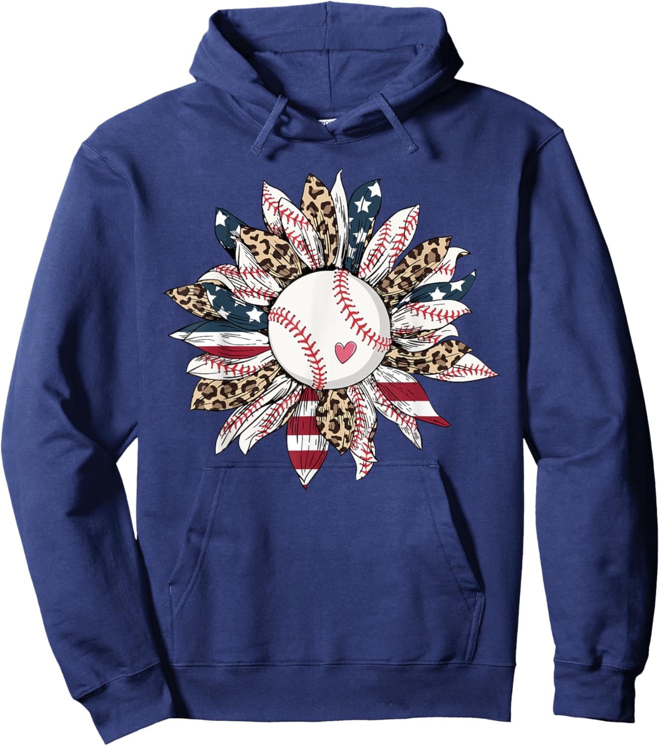 Baseball American Flag Leopard Sunflower Graphic 4th of July Hoodie - Hoodie | Navy