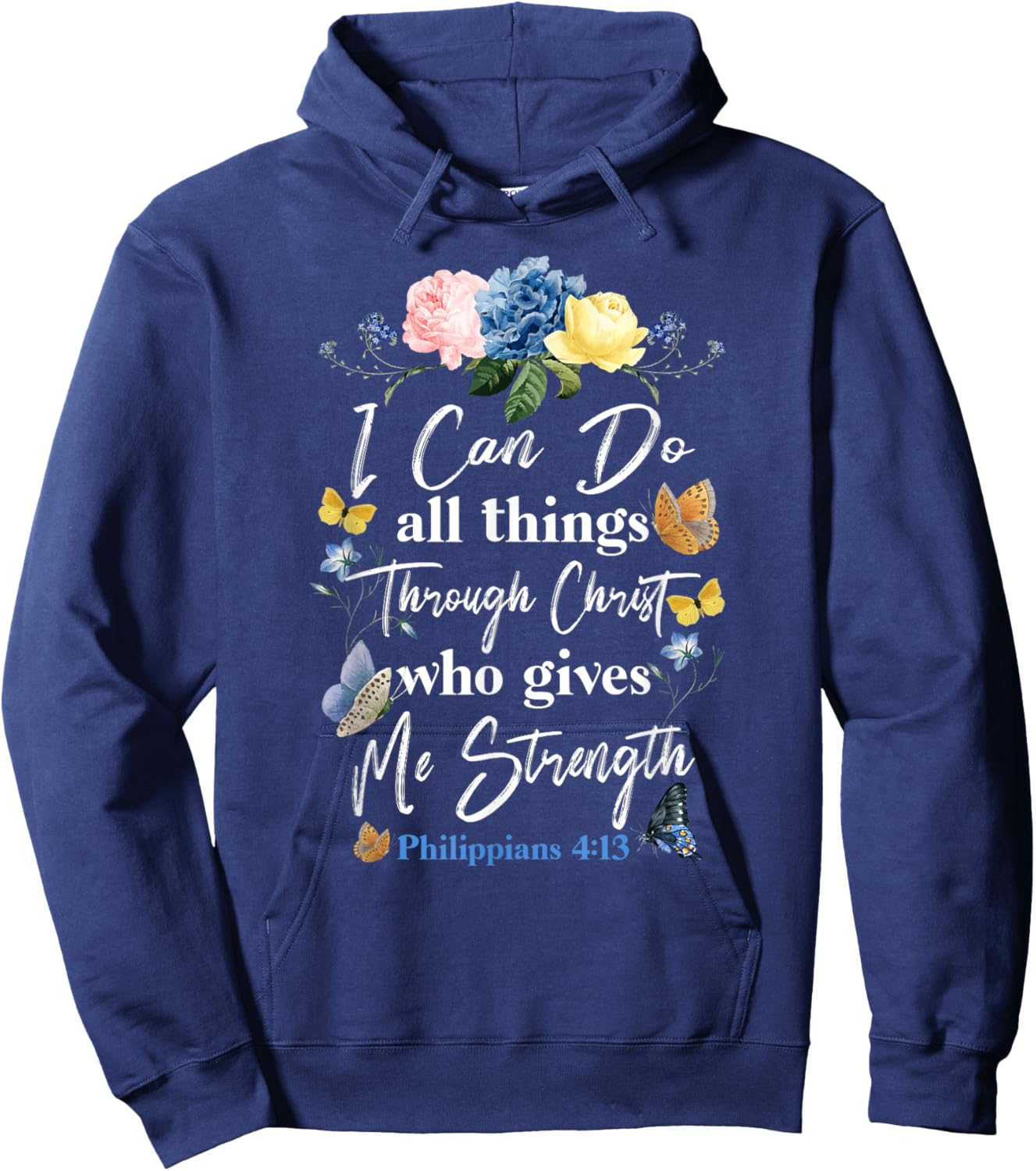 Christian Bible Verse Butterfly Flower Philippians 4:13 Hoodie - Hoodie | Navy