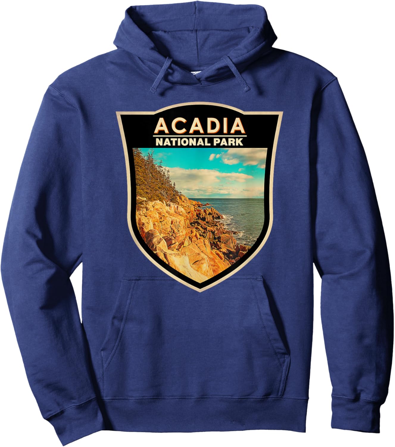 Acadia National Park Maine Bar Harbor Watercolor Badge Hoodie - Hoodie | Navy