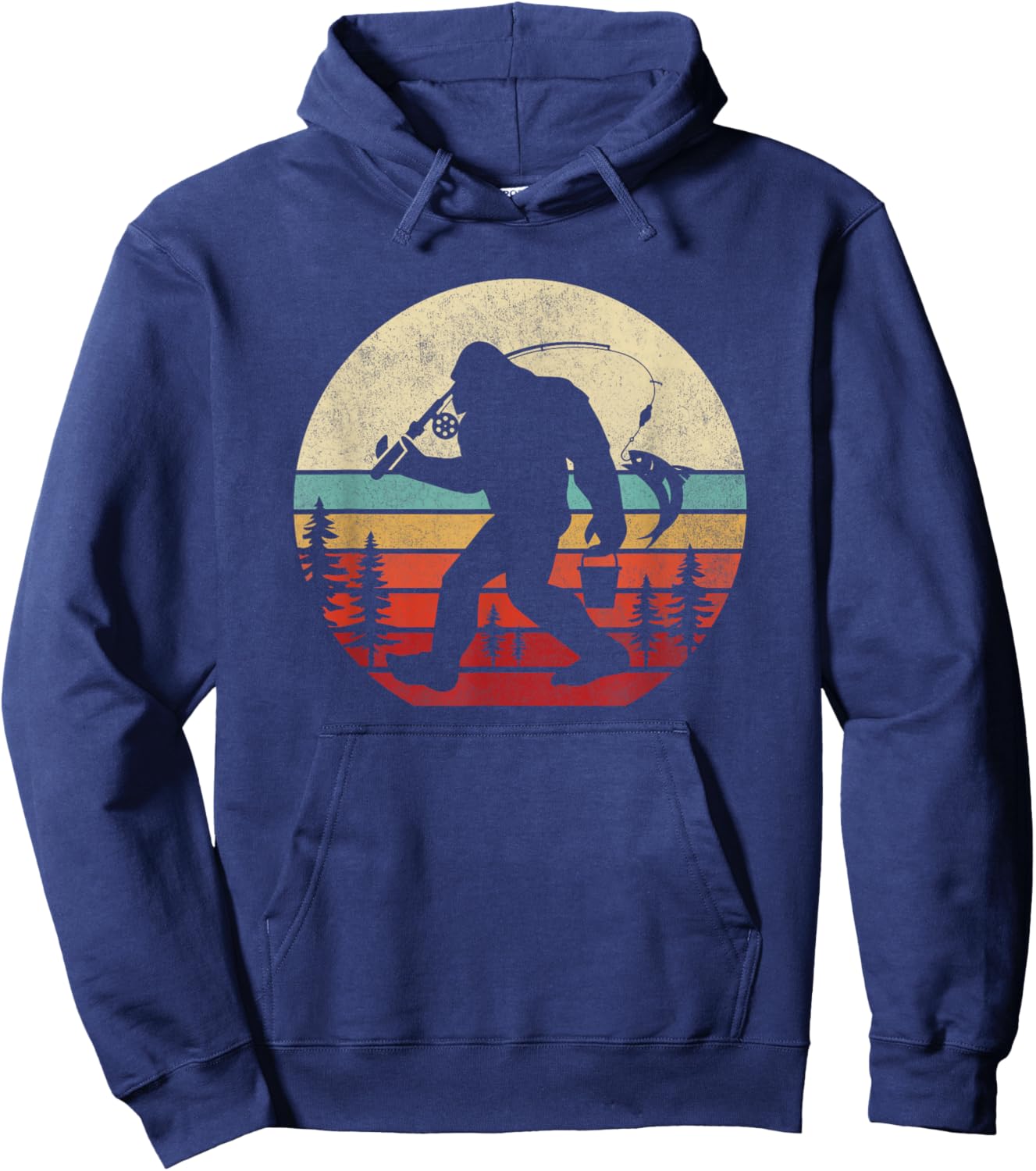 Bigfoot Fishing Funny Retro Sasquatch Dad Men Kids Hoodie - Hoodie | Navy
