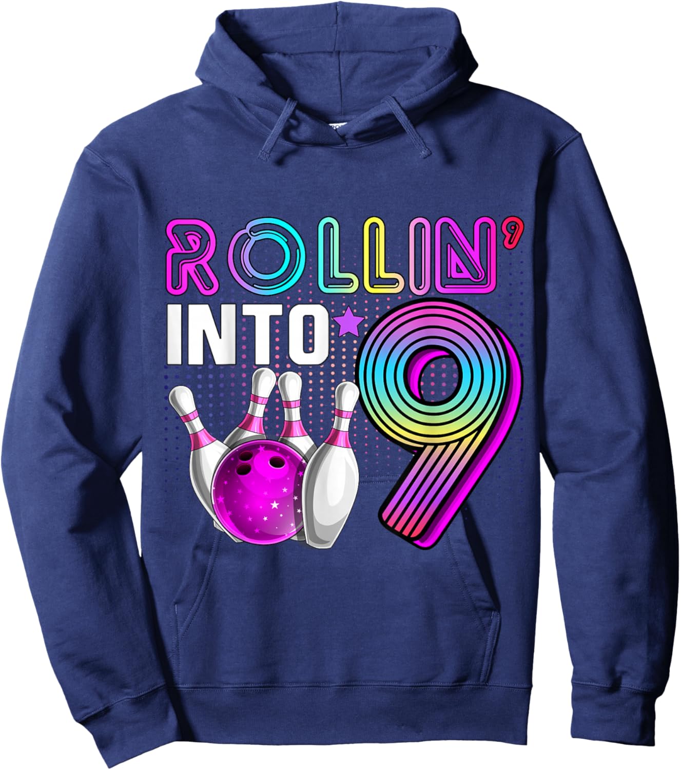 Rollin into 9 Bowling Birthday Party 9th Birthday Retro Girl Hoodie - Hoodie | Navy