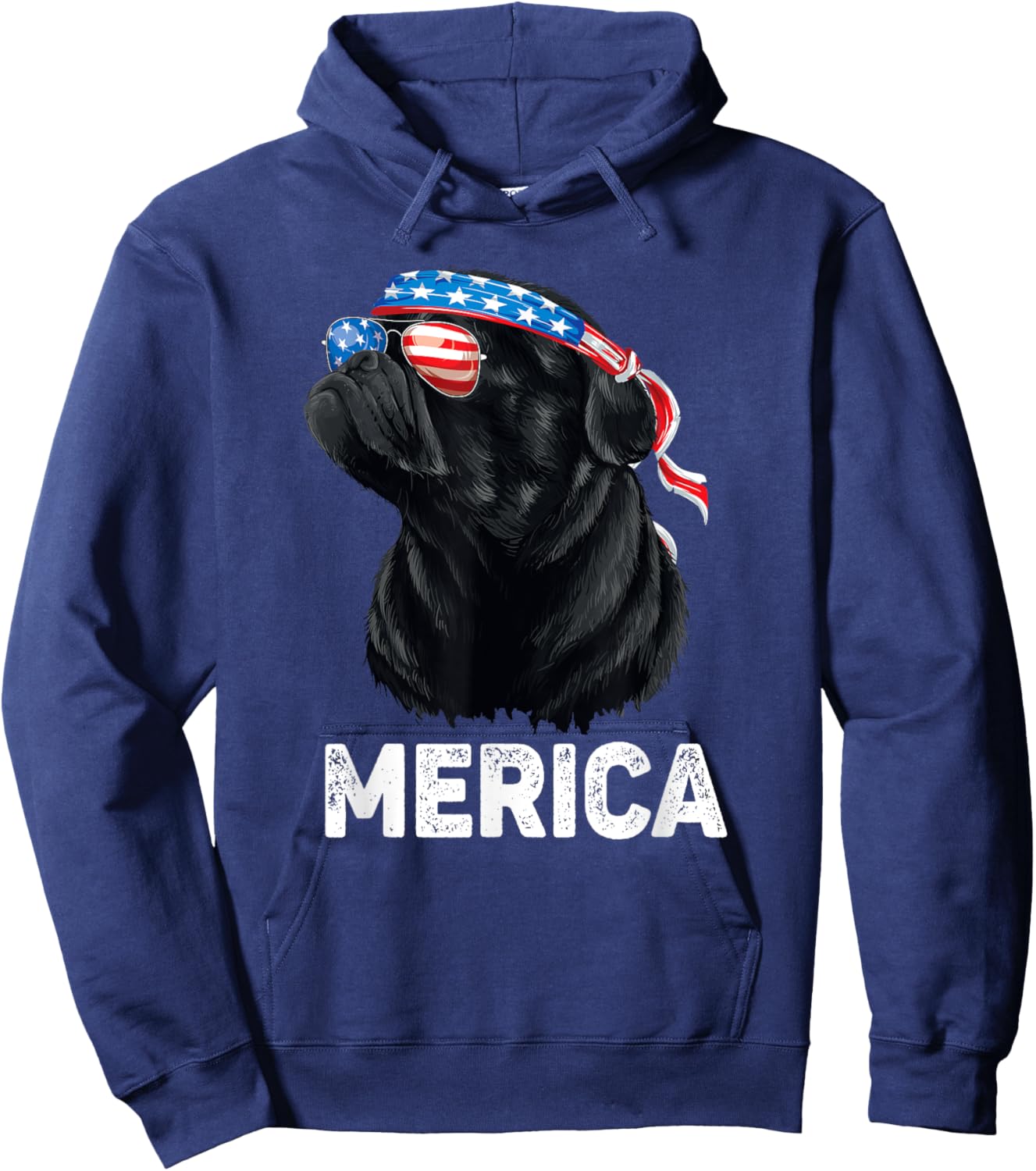 4th of July Dog Mom Dog Dad Merica USA Flag Funny Black Pug Women Kids Men Hoodie - Hoodie | Navy