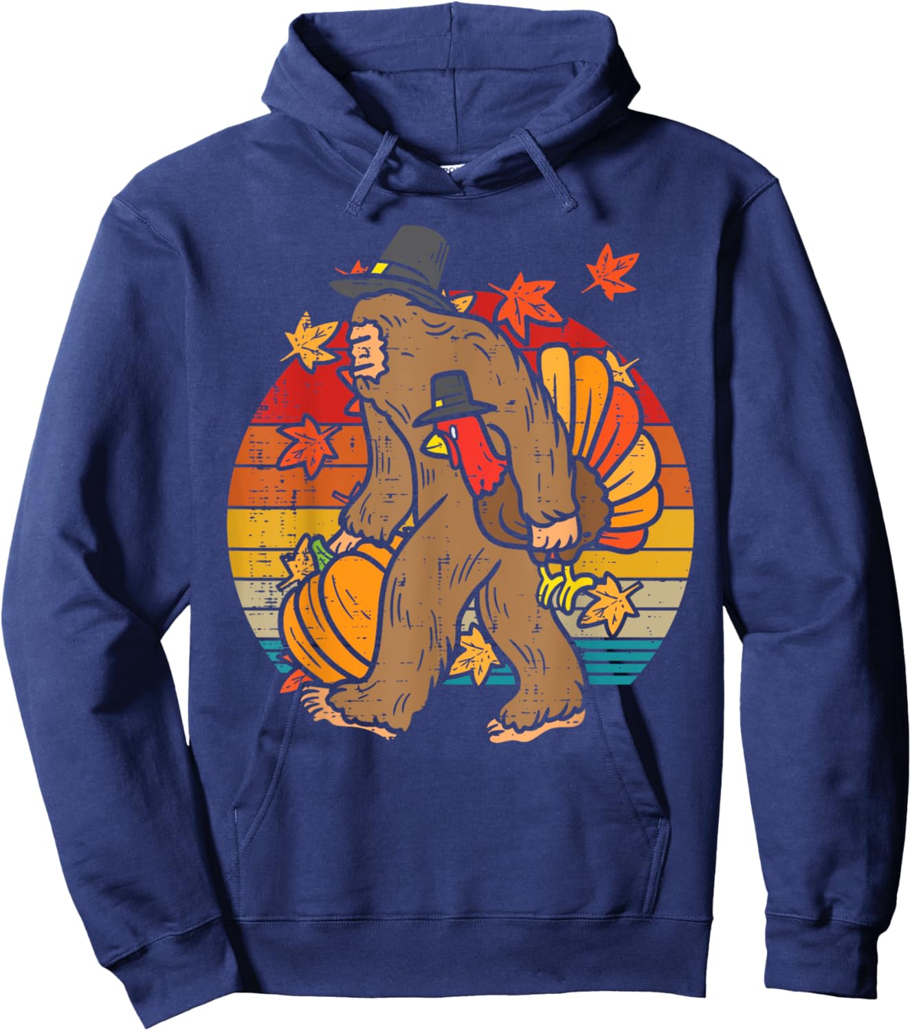 Pilgrim Bigfoot Turkey Retro Thanksgiving Sasquatch Men Hoodie - Hoodie | Navy