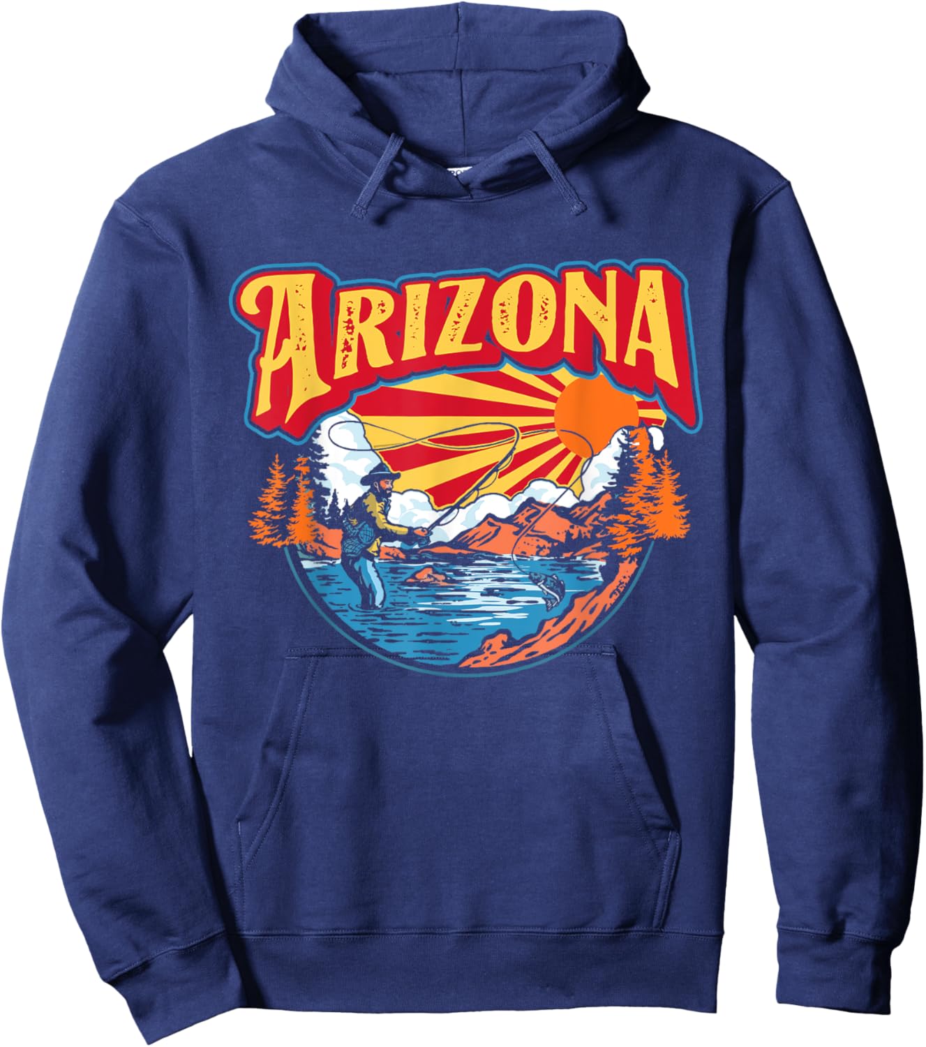 Arizona Fly Fishing AZ State Flag Trout Fisherman Vintage Hoodie - Hoodie | Navy