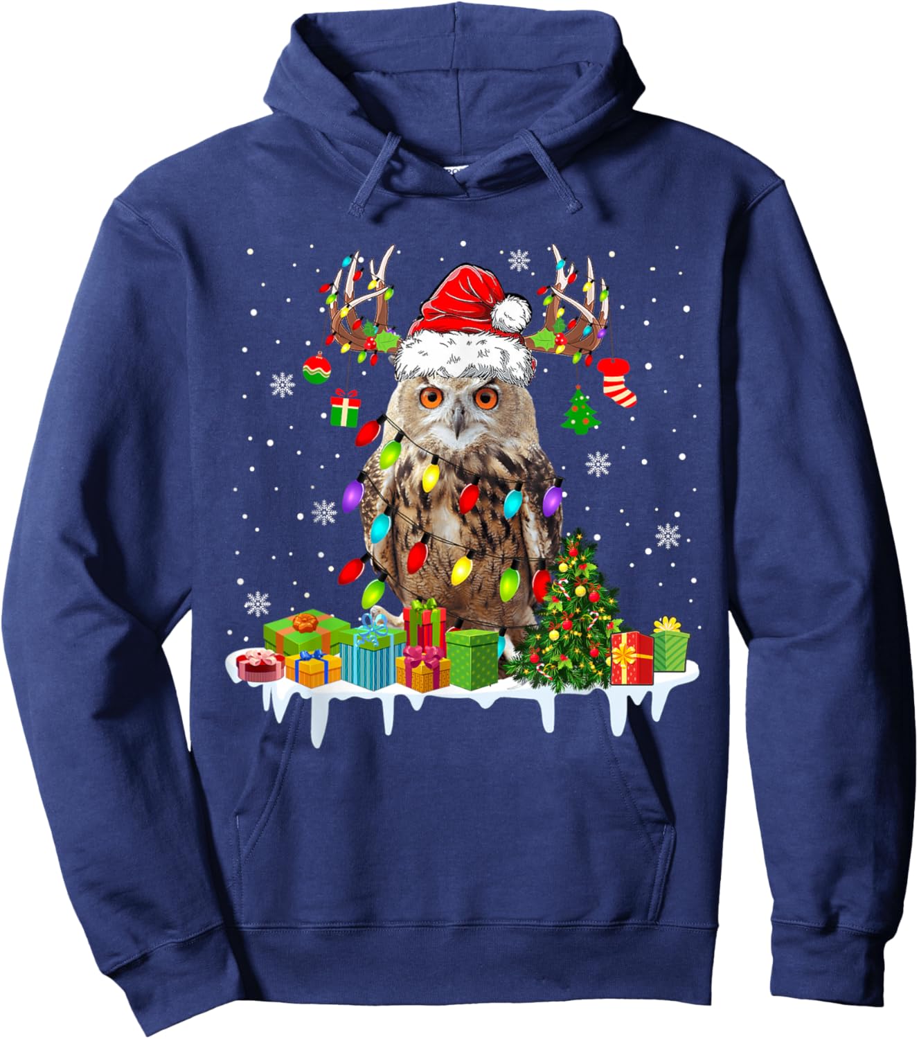 Christmas Owl Cute Christmas Lights Reindeer Santa Owl Lover Hoodie - Hoodie | Navy