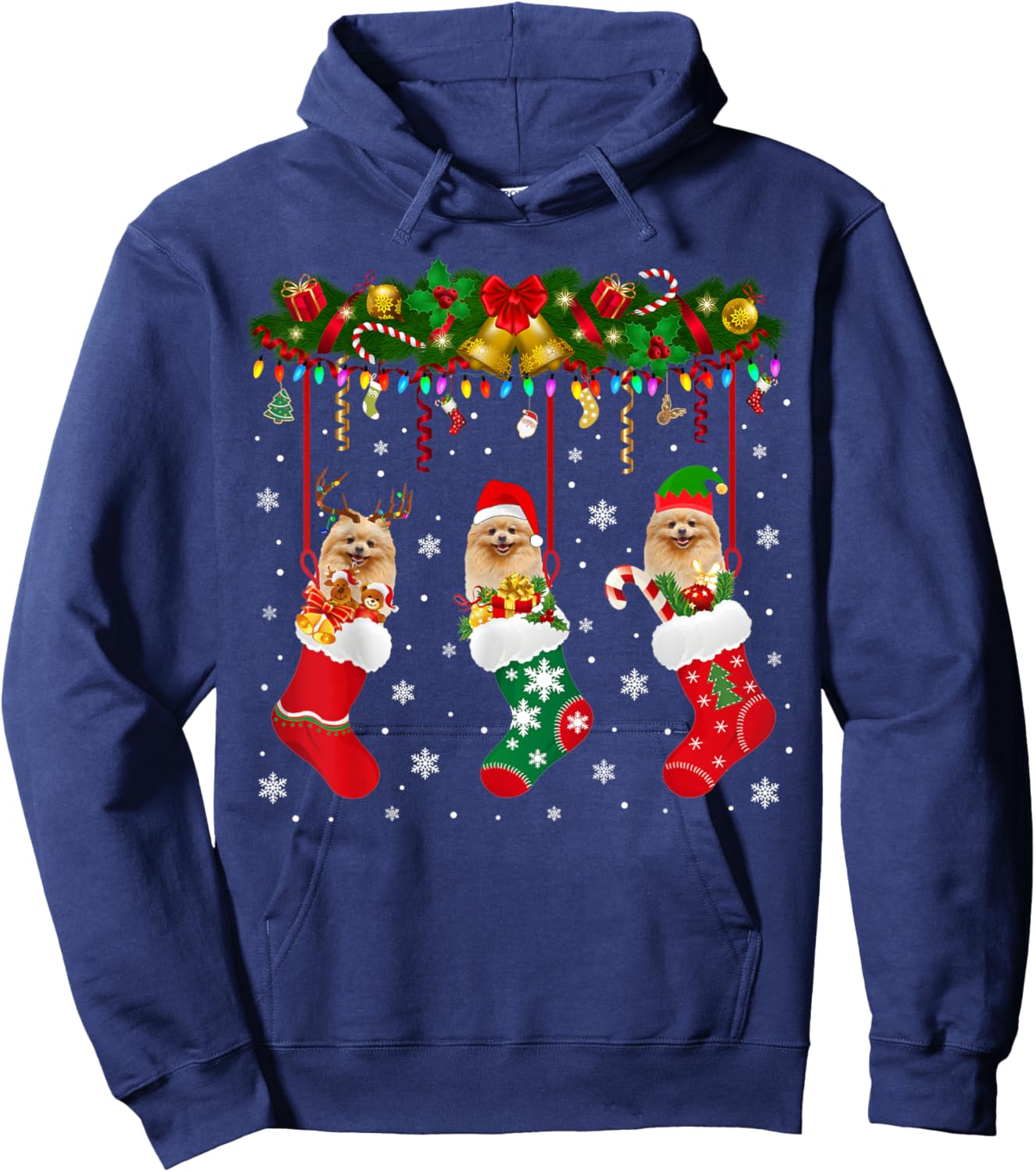 Pomeranian In Sock Xmas Reindeer Santa ELF Dog Hoodie - Hoodie | Navy