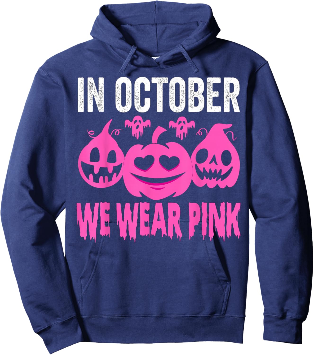 In October We Wear Pink Breast Cancer Pumpkin Halloween Hoodie - Hoodie | Navy