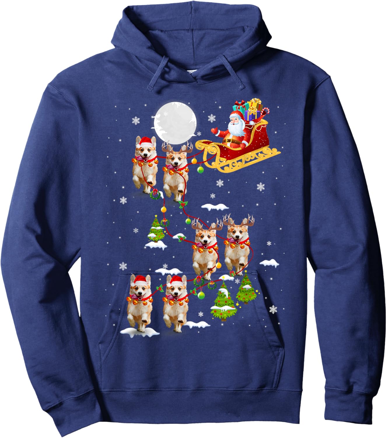 Santa Riding Corgi Sleigh Christmas Corgi Reindeer Hoodie - Hoodie | Navy